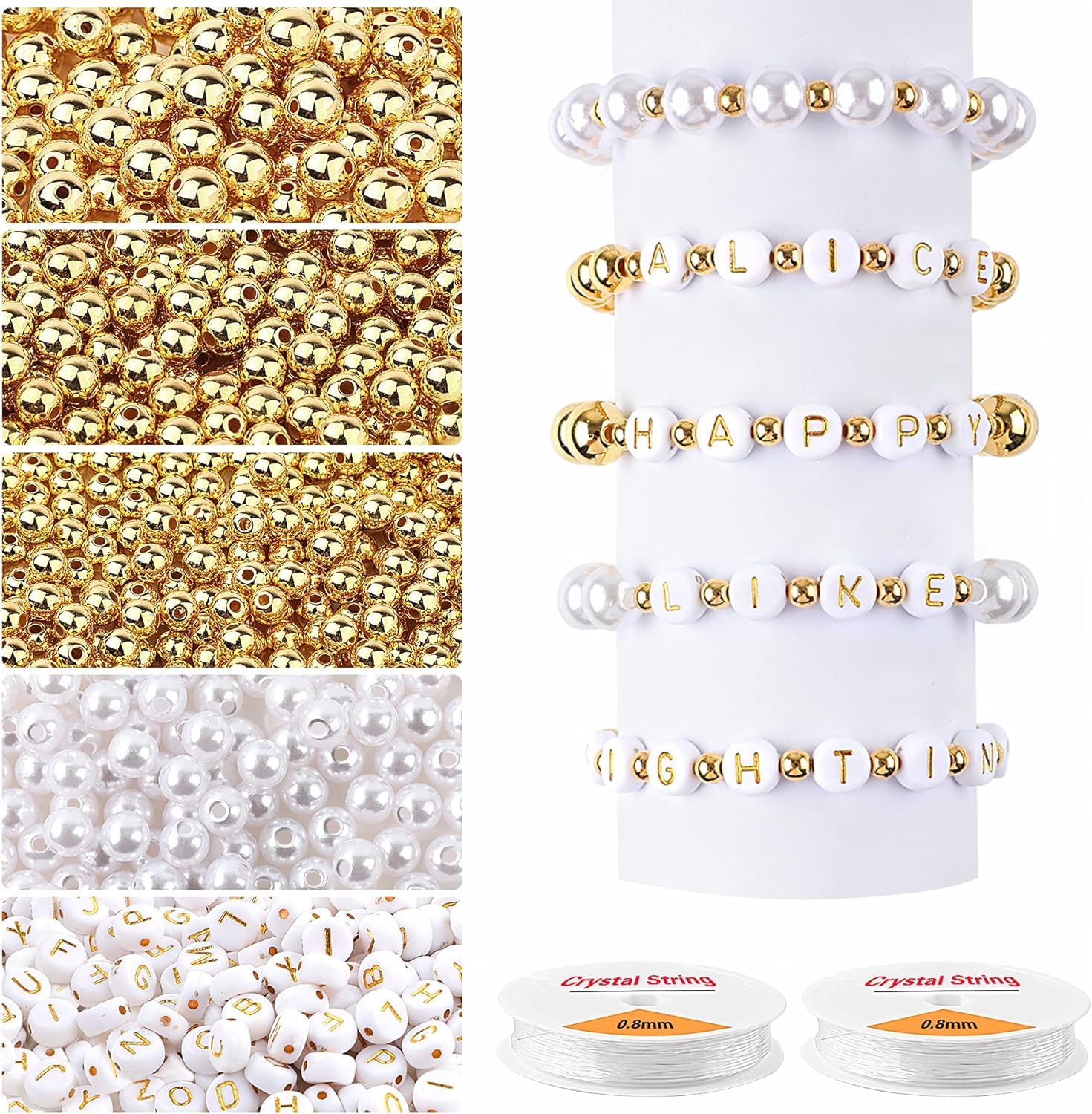 Qroof 1800Pcs Beads Making Kit, 1500Pcs Gold Round Spacer Beads Smooth Loose Ball Beads, 150Pcs Alphabet Beads, 150Pcs White Pearls Beads and 2 Rolls Elastic String for DIY Jewelry Craft (B0D7Q3F9BX) Amazon Price History, Amazon Price Tracker