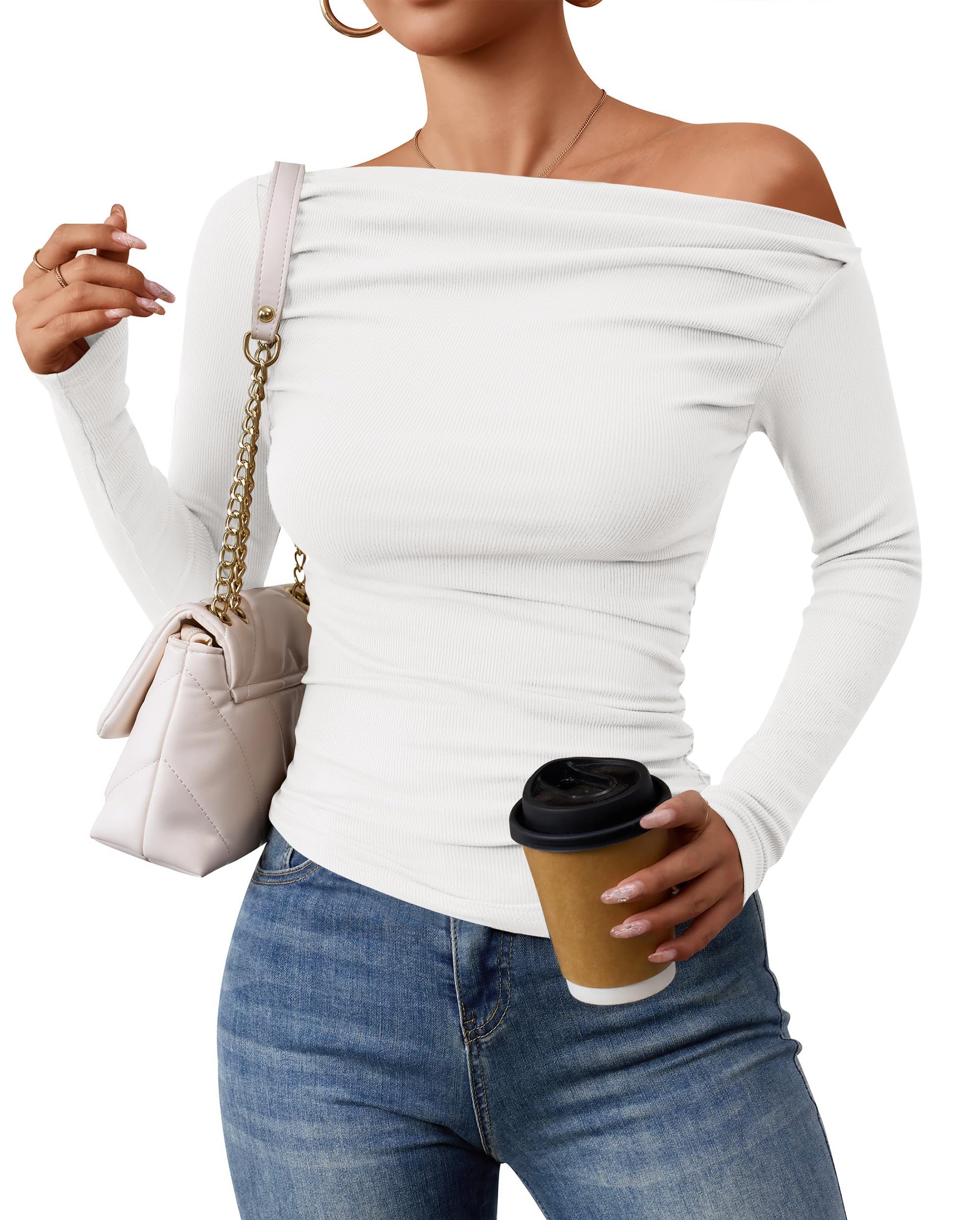 ZESICAWomens Off Shoulder Long Sleeve Tops 2025 Fall Casual Boat Neck Ruched Slim Fit Going Out Y2k Shirts Blouses