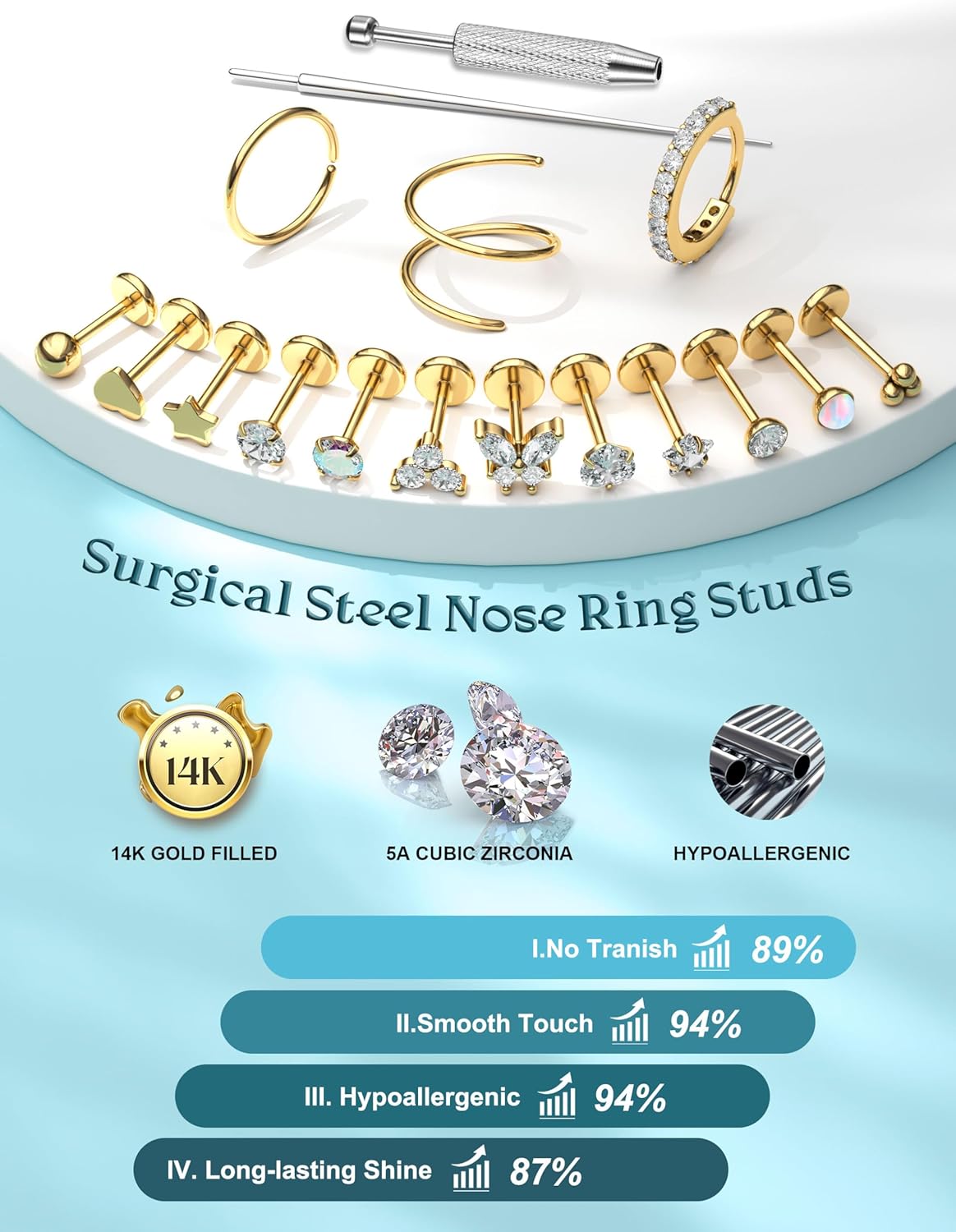 THUNARAZ 14K Gold Nose Rings Studs for Women Men Surgical Steel Threadless Push in Nose Piercings Flat Back Hypoallergenic Gold Nose Ring Hoop Stud Cartilage Tragus Conch Lip Helix Piercing Jewelry Gold/Silver 18G 20G - Image 2