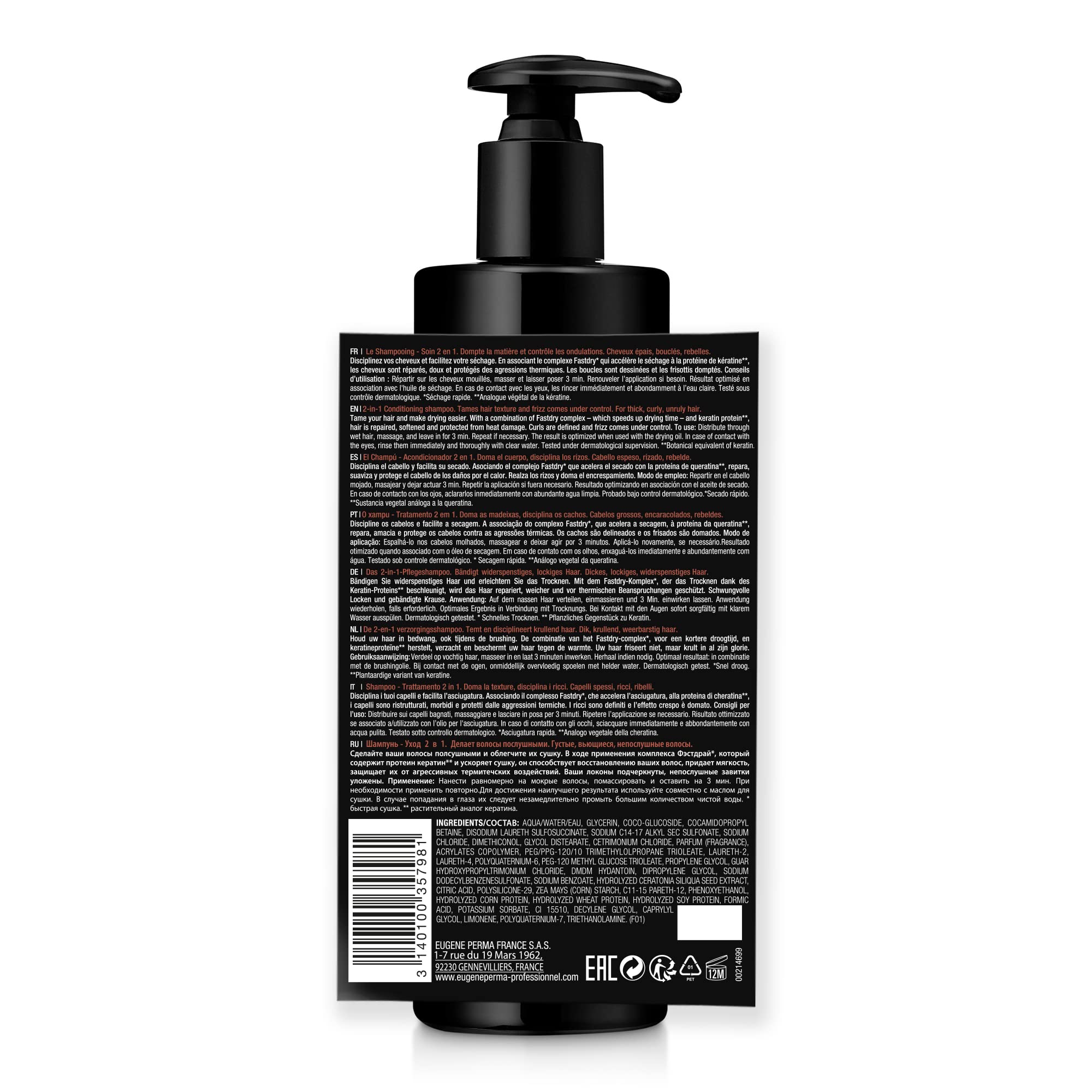 EUGENE PERMA Professionnel Shampoo Cura 2en1 Cheratina Frizz Control Anticrespo Per Capelli Epais/ricci/ribelli, 400 Millilitro