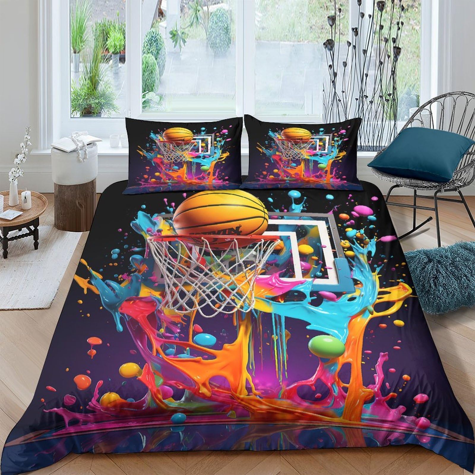 Ctjqhvkz Style-3 3D Printed Basketball Splash Fitted Sheet Microfiber Breathable Graffiti Mattress Cover For Bedroom Dorm Home Decor Single（135X200cm）