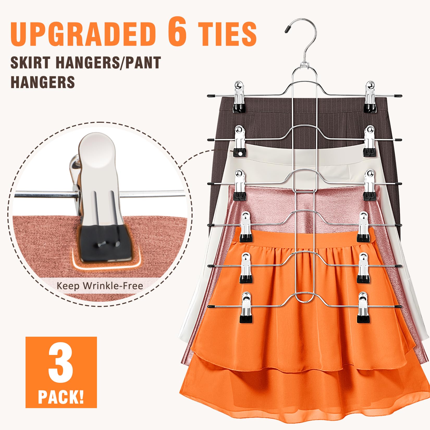 Percha de falda de 6 niveles, ahorra espacio, paquete de 6 para mujer, perchas cortas y perchas de falda con clips, organización y almacenamiento de habitación, perchas de metal para