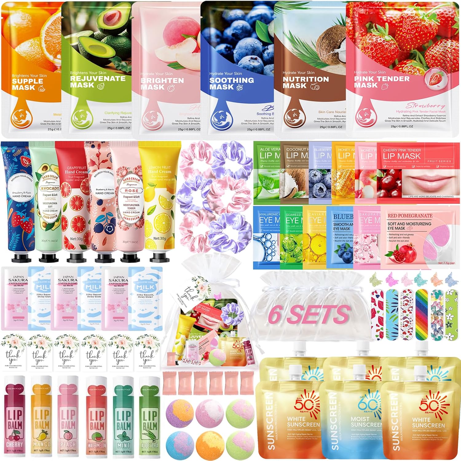 84 PCS Spa Party Supplies for Girls Women, Include Facial Mask,Hand Creams,Sunscreen,Exfoliating Scrub,Lip Balms,Eye Mask,Lip Mask,Foot Bath Bombs, Sleepover Party Favors Bulk Gifts for Girls Women