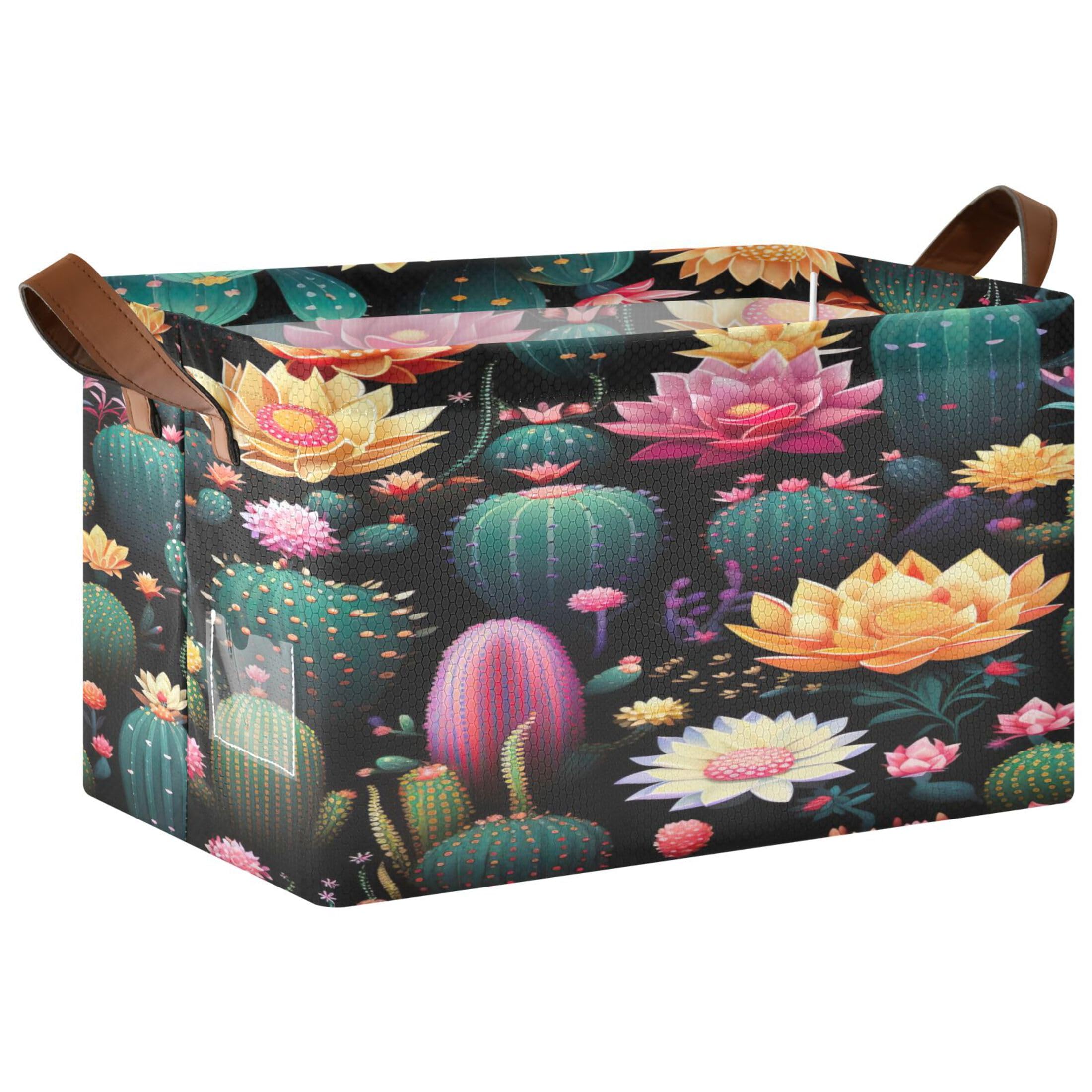 Kutsu Foldable Storage Basket Cactus Collapsible Storage Bin with Handles for Shelves, Rectangle Basket for Home Nursery Decor, 16.9x11.4x10 in