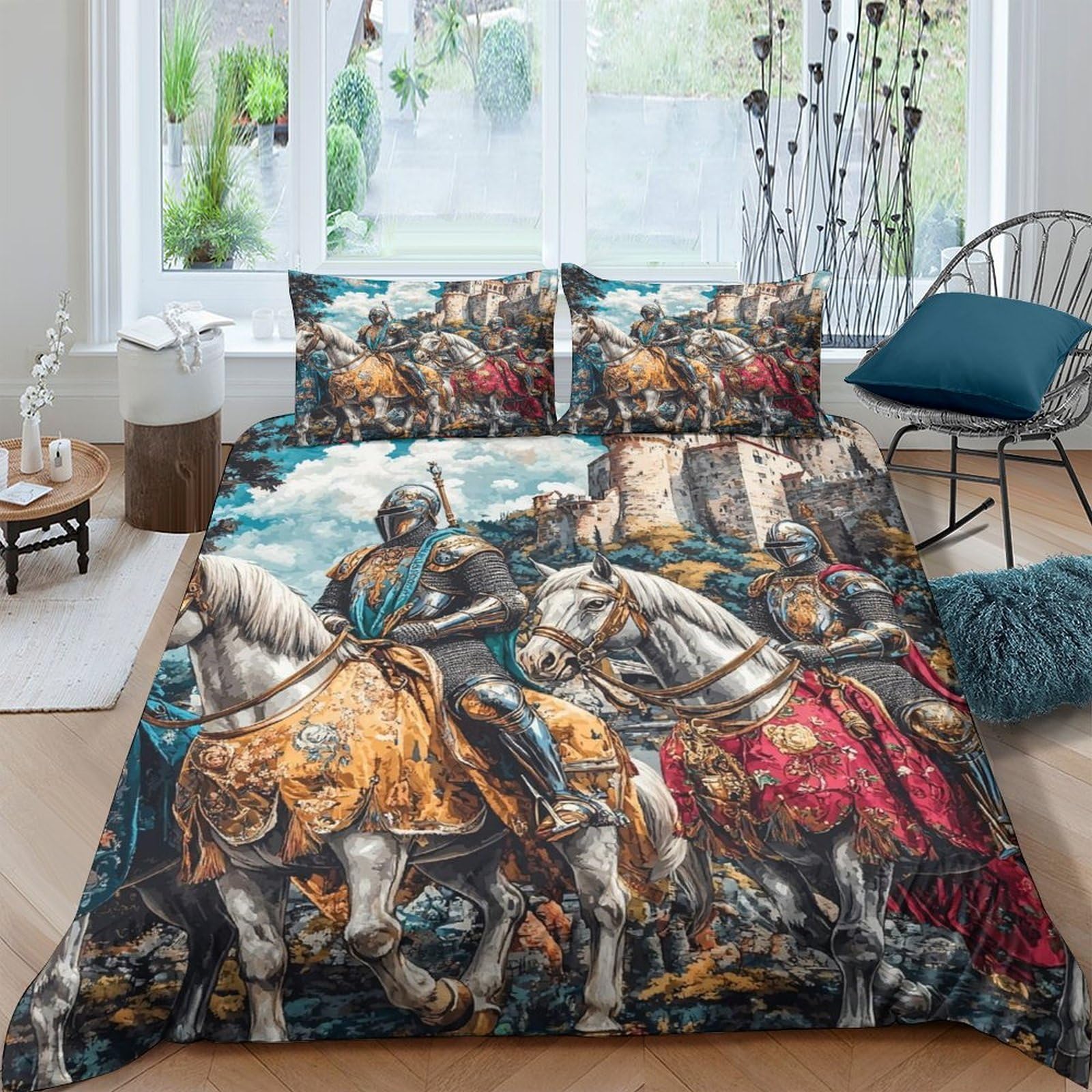 Ctjqhvkz Style-2 3D Printed Renaissance Battle Fitted Sheet Microfiber Artistic Horse Warrior Mattress Cover For Bedroom Home Decor Single（135X200cm）
