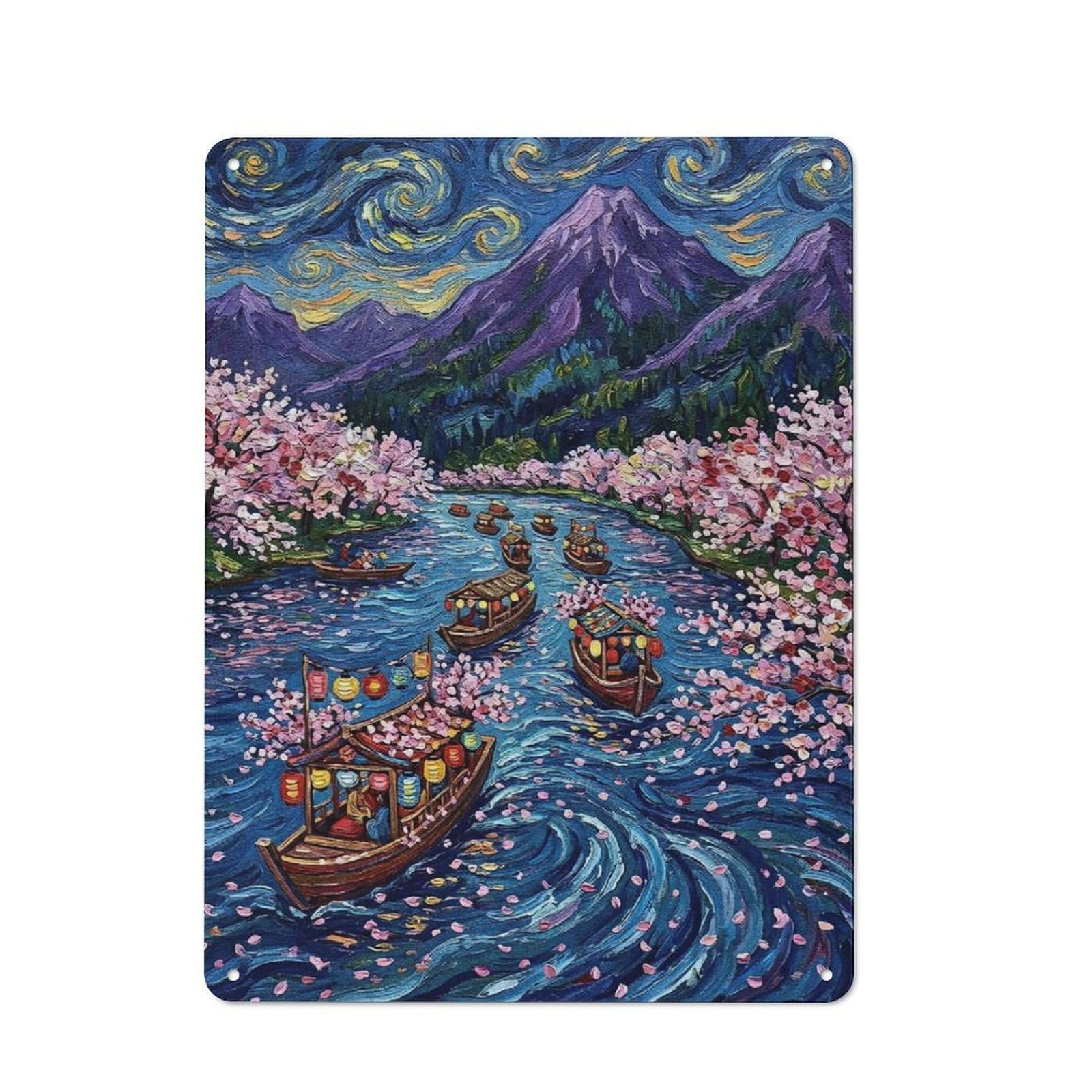 Junmoney Style-13 Cherry Blossom River Boats Painting Vintage Metal Wall Sign 40X30cm For Kitchen Or Home Bar, For Garage, Workshop And Man Cave Decoration