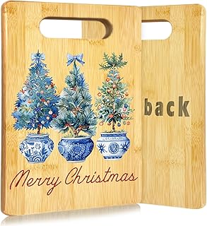 Blue and White Chinoiserie Christmas Tree Cutting Board, Grandmillennial Christmas Kitchen Decor, Coquette Blue Bow Xmas Decorative Bamboo Cutting Chopping Boards for Kitchen