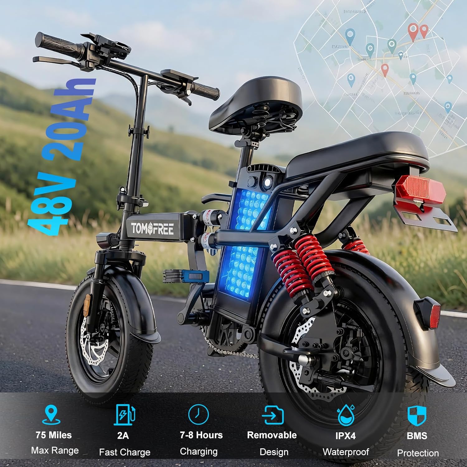 Tomofree T0 750W Peak Folding Electric Bike, 48V 20AH Removable Battery, 20-25MPH, 14''x 2.1'' Tire, 25-35miles PAS, 200lbs Load Ebike for Adult, Adult Electric Bicycles for Commute