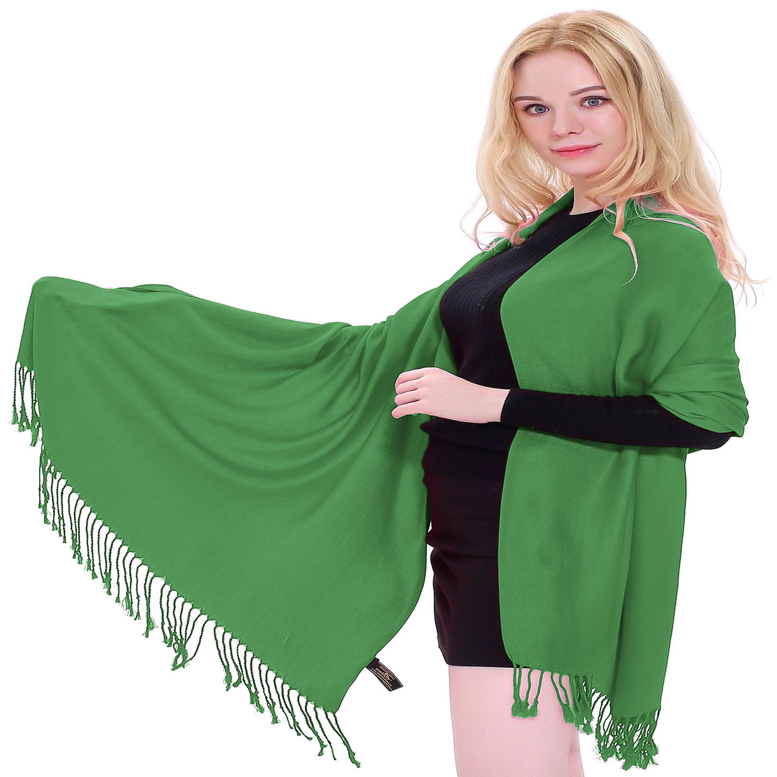 Cj Apparel Women's Forest Green # 369 Forest Green Solid Colour Tassels Design Nepalese Shawl Scarf Wrap Stole Throw Head Wrap Pashmina Hand Made In Nepal
