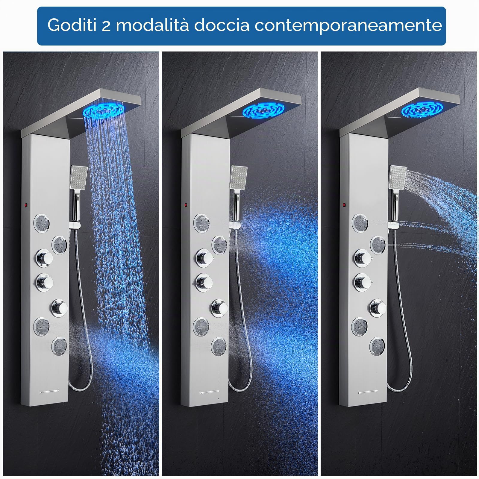 Sistema di pannello LED doccia termostatica miscelatore 6 funzioni, colonna pioggia e nebbia, 4 getti di massaggio, doccetta e beccuccio per vasca