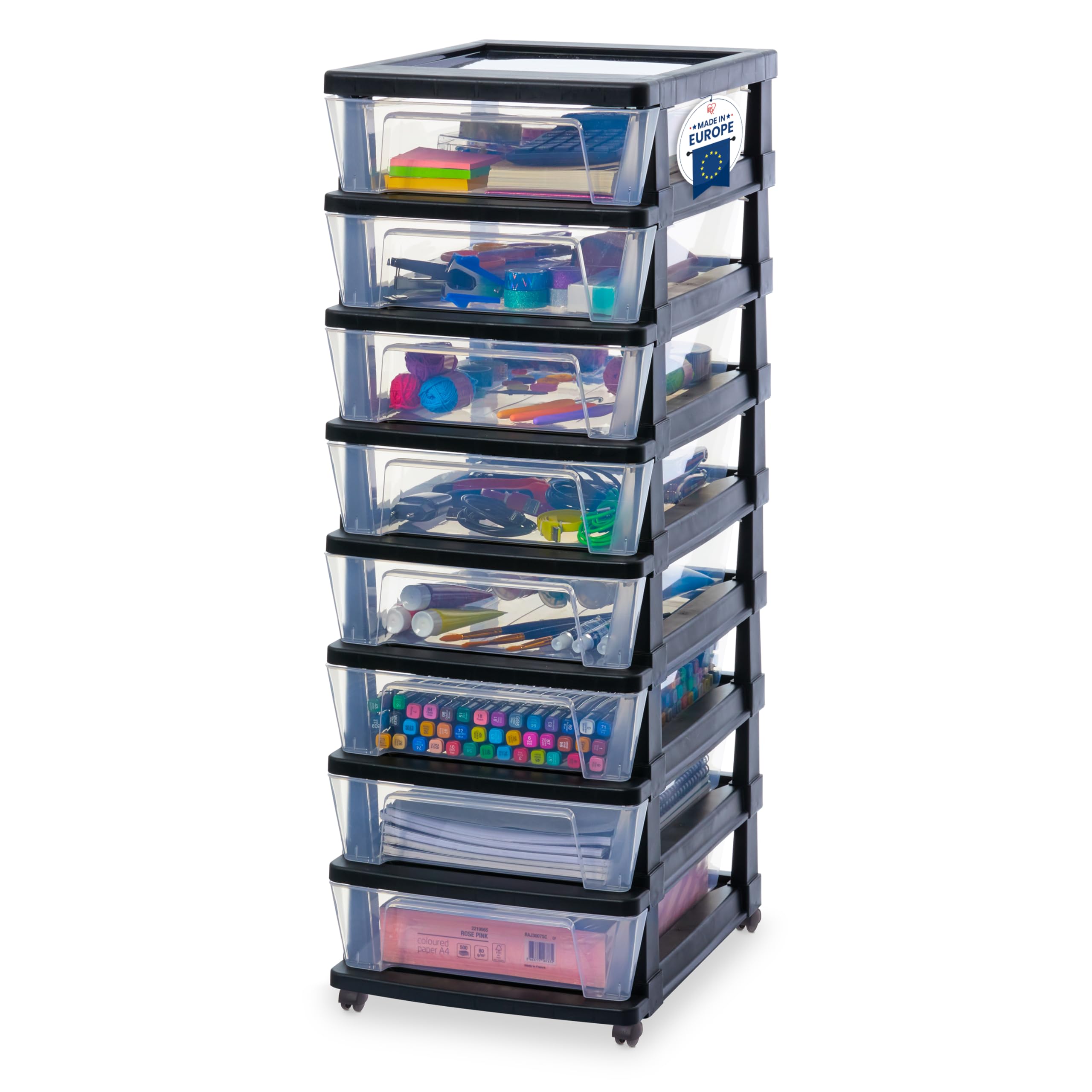 Iris Ohyama, Rollcontainer Kunststoff auf Rollen, 8 Kompakte Schubladen, Schwarz, Leichtes Öffnen, Aufbewahrung, für Schreibtisch, Garage, Organizer, Schrank, BPA-frei, KMC-380