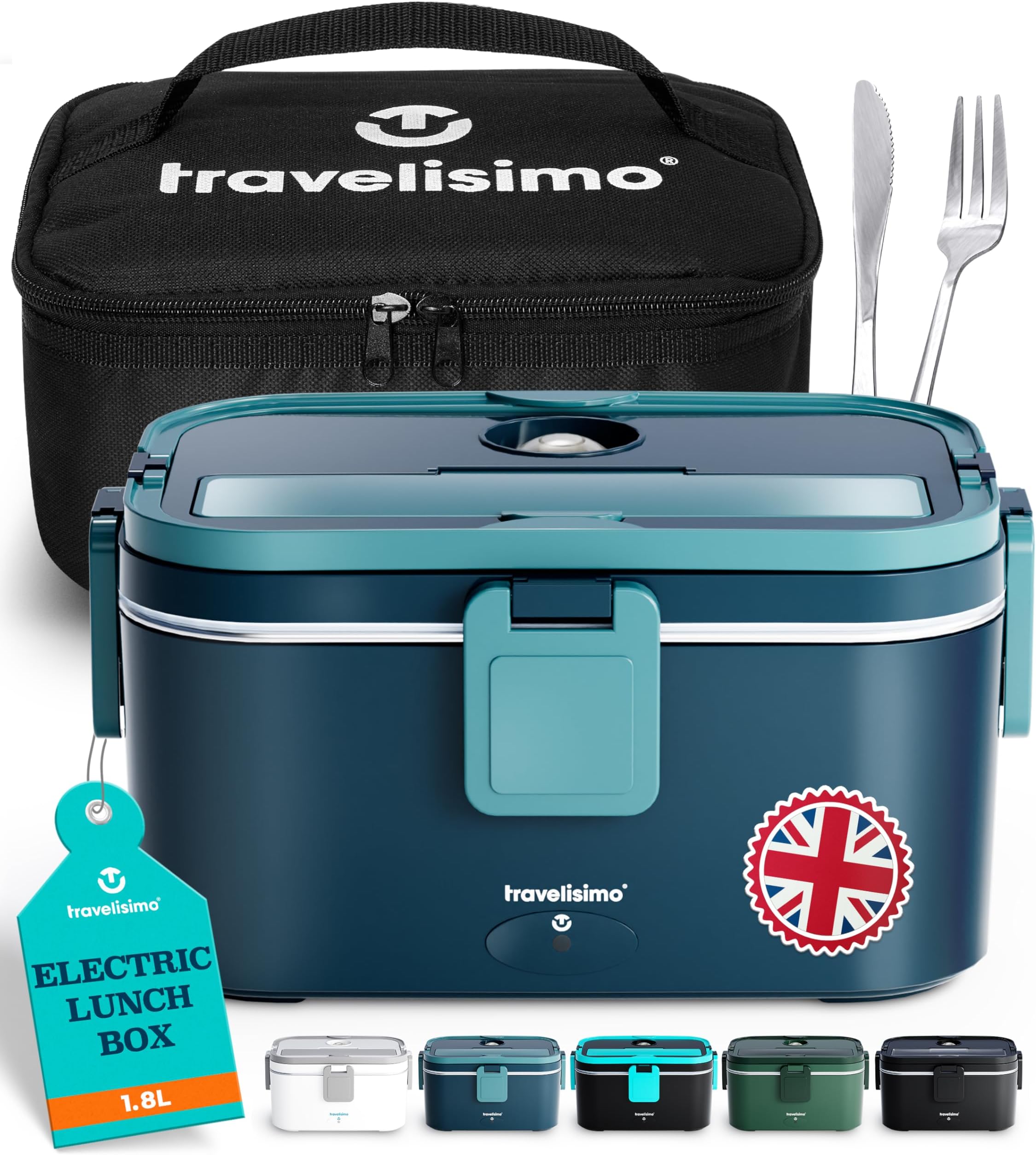 TRAVELISIMO Extra-Large Heated Lunch Box – Holds up to 1.8L 100W Electric Lunch Box, Stainless Steel Heated Lunch Boxes for Adults 3 in 1 for Car, Electric Lunchbox 12V/24V/230V Self Heating Lunchbox