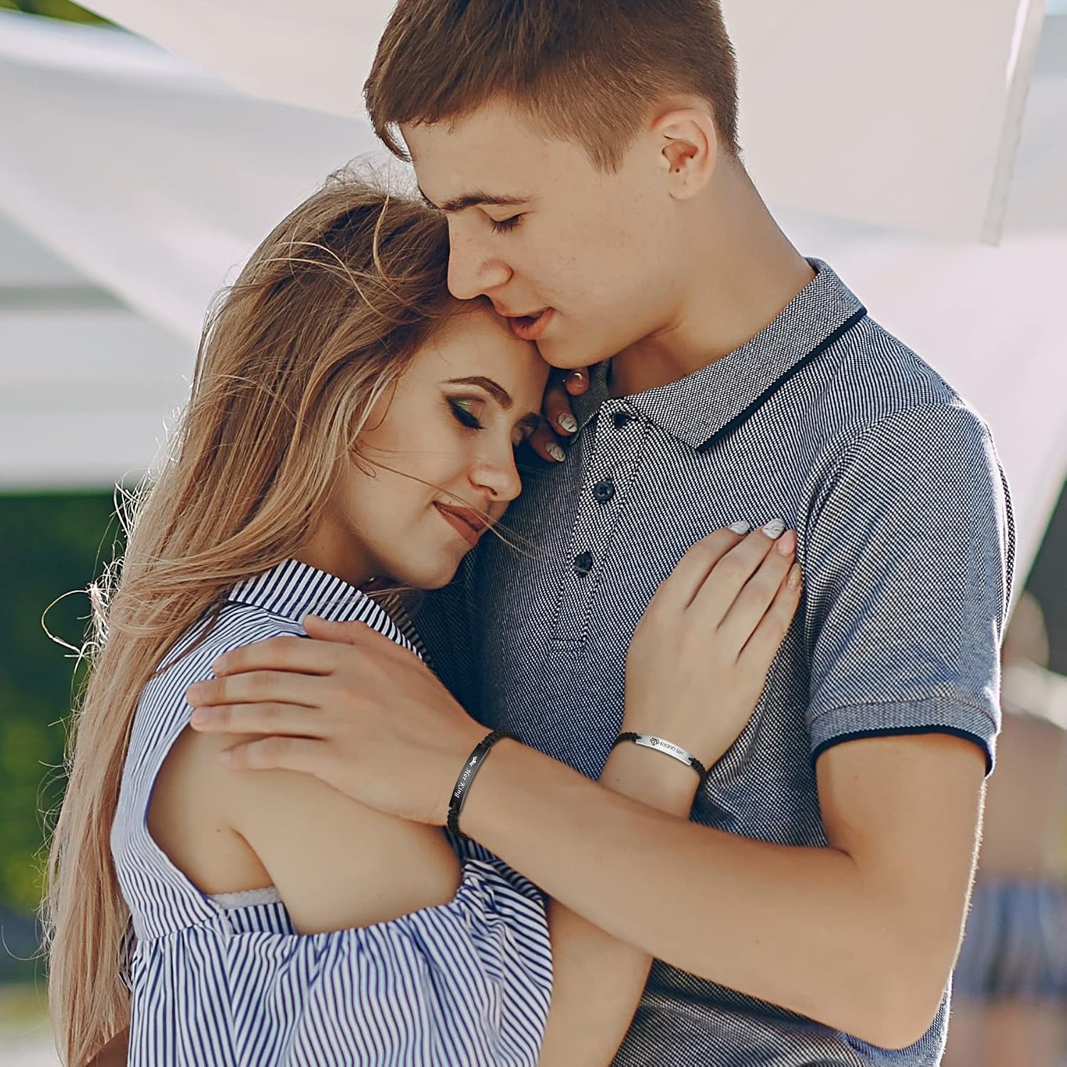 Men Women's Personalized ID Couples Bracelets His Queen and Her King, Custom Engraving Handmade Braided Rope Wrist Bangle Adjustable -2PCS