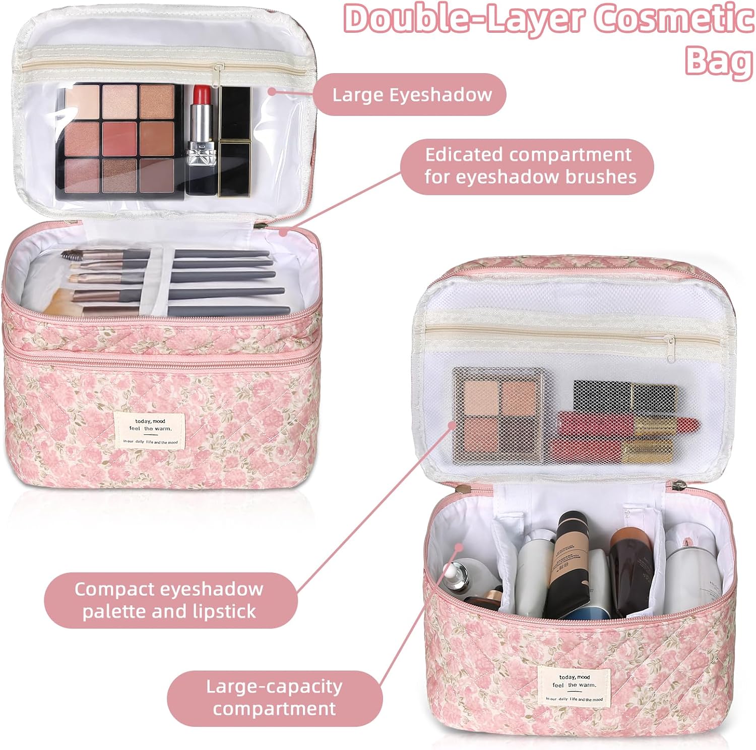 Gosect Makeup Bag, Portable Travel Make up Bag, Large Capacity Quilted Cosmetic Organizer Bag, Cute Floral Toiletry Bag for Women Girls (Pink Floral)