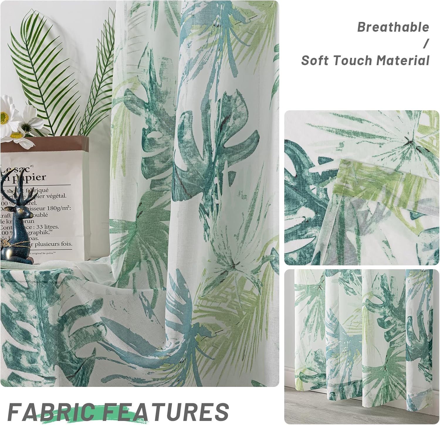 VISIONTEX Sheer Curtains Printed, Decor Hawaiian Style Green Tropical Palm Leaves Plant Pattern Faux Linen Rod Pocket Window Drapes for Living Room and Bedroom 54 x 84 Inch, Set of 2 Panels