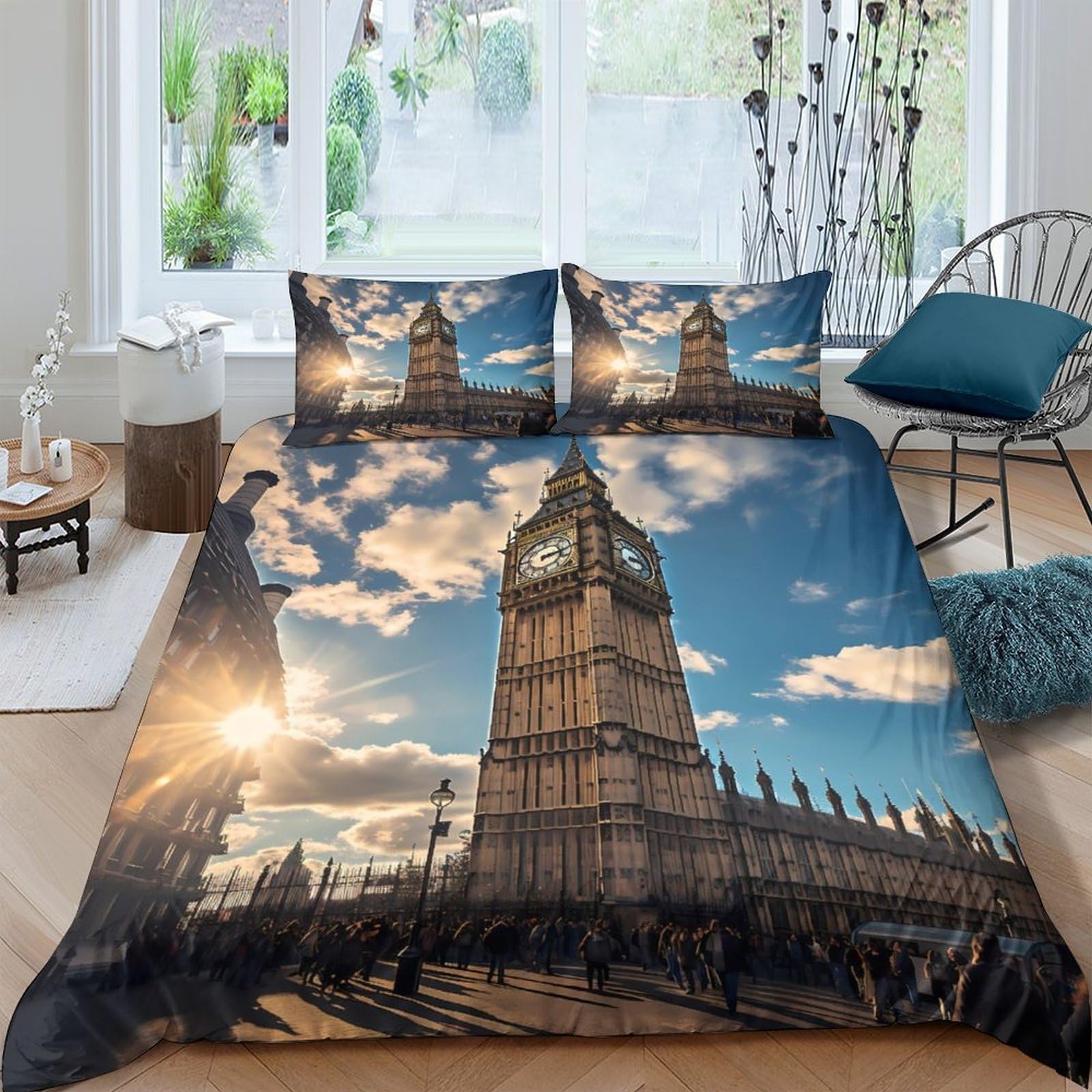 Ctjqhvkz Style-8 3D Printed Big Ben Fitted Sheet Microfiber London Landmark Bed Cover Sunset Skyline For Bedroom Guest Room Decor Single（135X200cm）