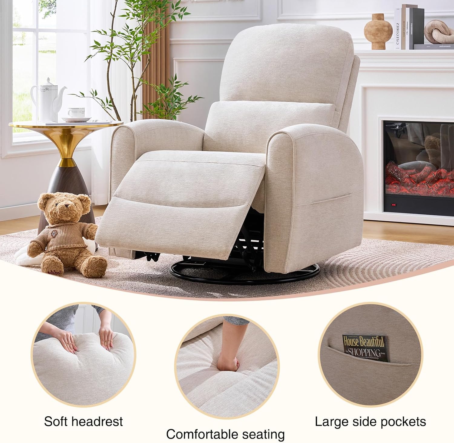 Power Swivel Rocker Recliner, Swivel Glider Nursery Recliner Chair with Lumbar Support, Upholstered Rocking Electric Recling Chairs for Adults Nursery, Living Room, Bedroom, Chenille Camel