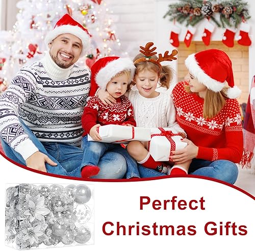 Miniatura 7 de Juego de 72 adornos de Navidad para árbol de Navidad, bolas de plástico inastillables, copos de nieve colgantes con purpurina, cinta, flor de Pascua