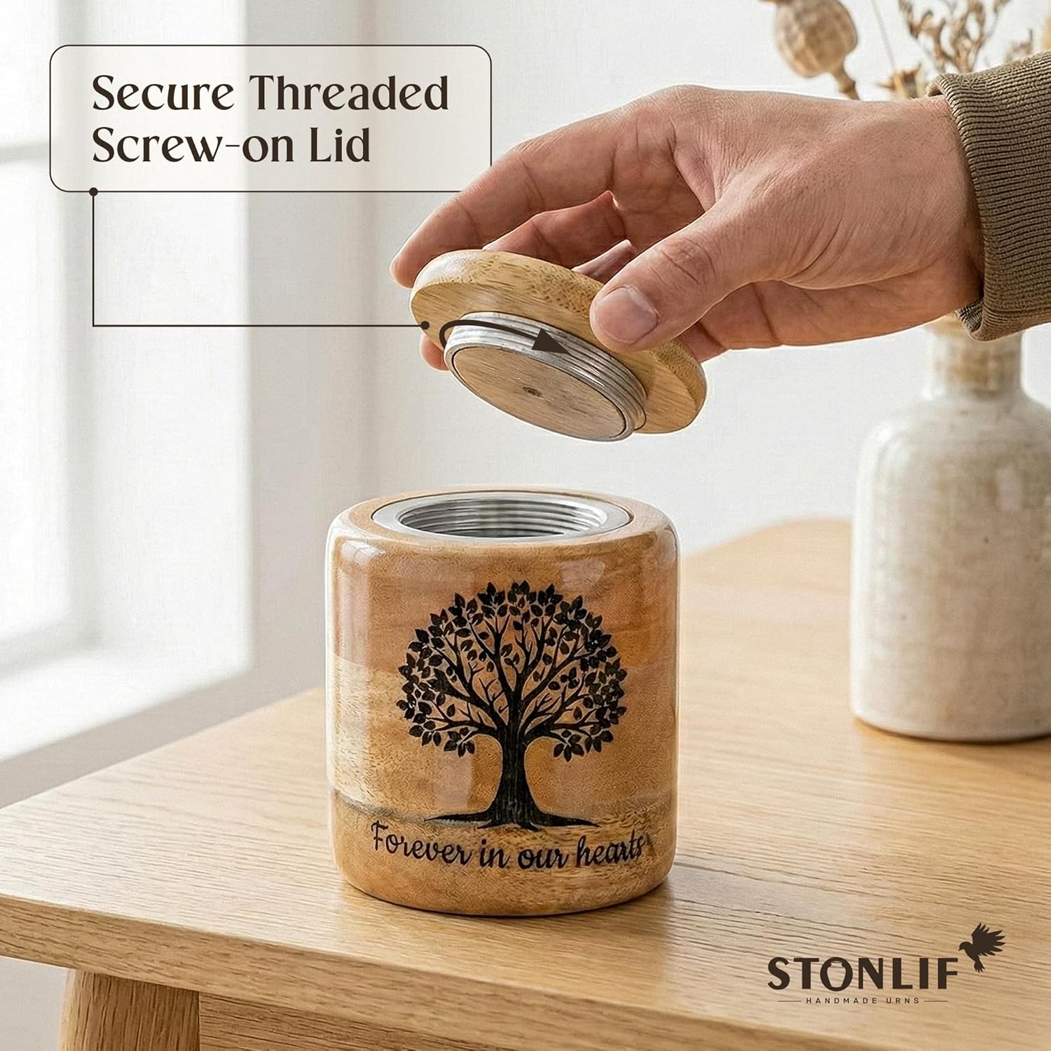 Small Wooden Cremation Urn for Ashes – 20 Cubic Inch Tree of Life Engraved Keepsake Urn, Natural Wood, Memorial for Pet or Small Remains