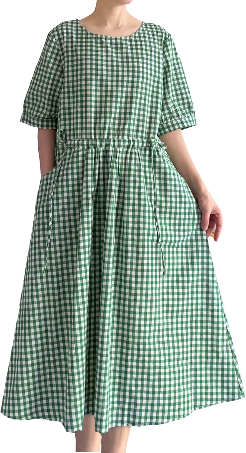 Minibee Women's Cotton Linen Dress Summer Short Sleeve Casual Plaid Flowy A-Line Midi Dresses with Pockets