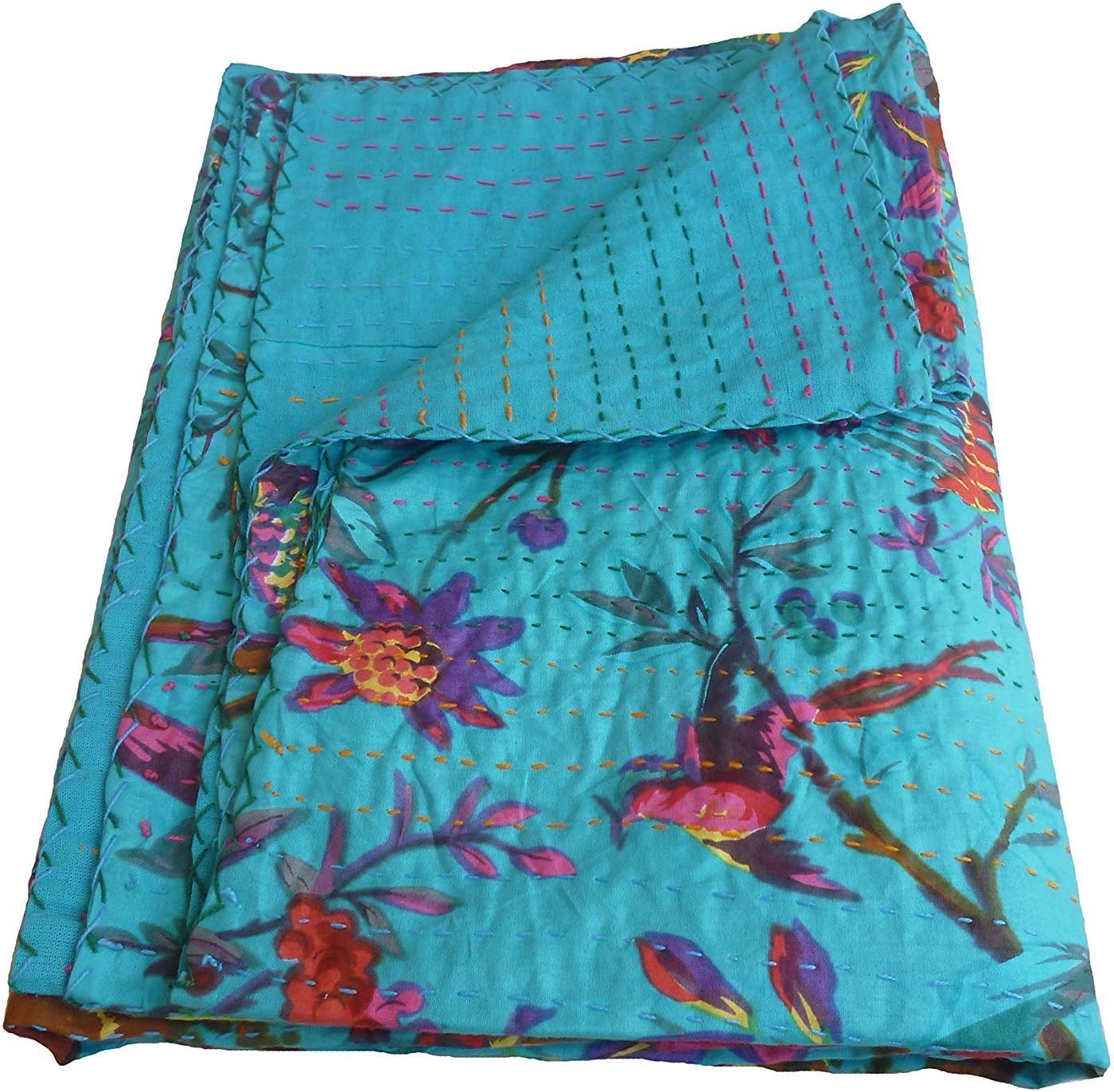 Indian Decorative Bedspreads & Coverlets Beautiful Designed Stitches Work (90 x 108 inches) (Blue)