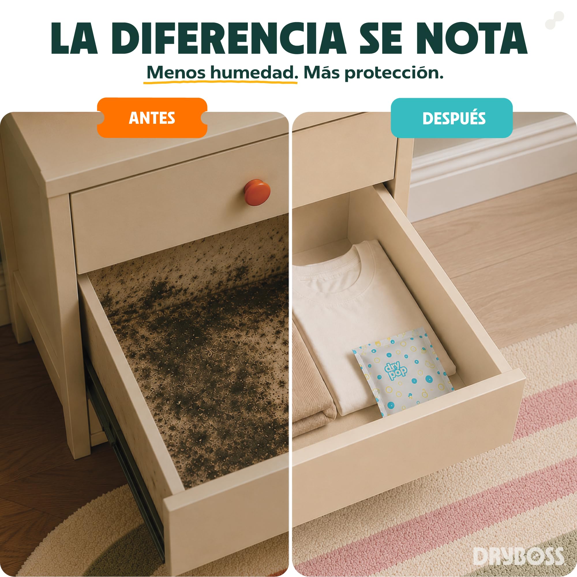 Pack 18 Sachets Antihumedad Cajones – Deshumidificador DRYPOP 20G | Absorbente de Humedad Seguro y Compacto para Cajones, Armarios, Trasteros, Baño, Coche, Cocina y Espacios Pequeños