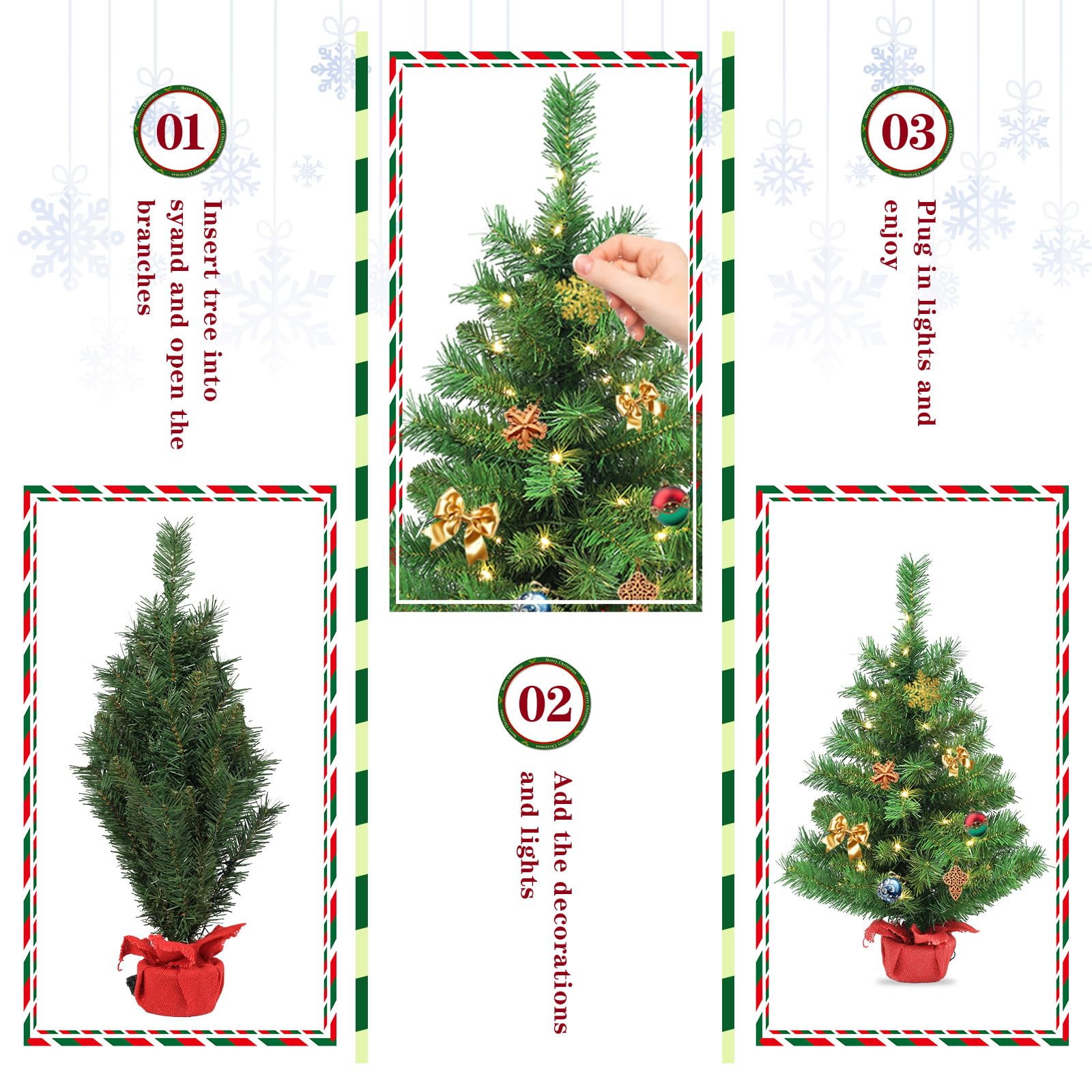 Gfilay Sapin de Noël pré-éclairé de table avec guirlande lumineuse LED – Mini décoration de chambre portable – 0,6 m