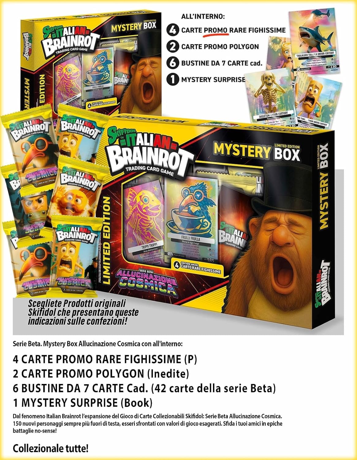 Generico Skifidol Italian Brainrot Mystery Box kosmiczne halucynacje, edycja limitowana, 4 rzadkie karty promocyjne, 2 wielokąty, 6 saszetek po 7 kart - 42 karty