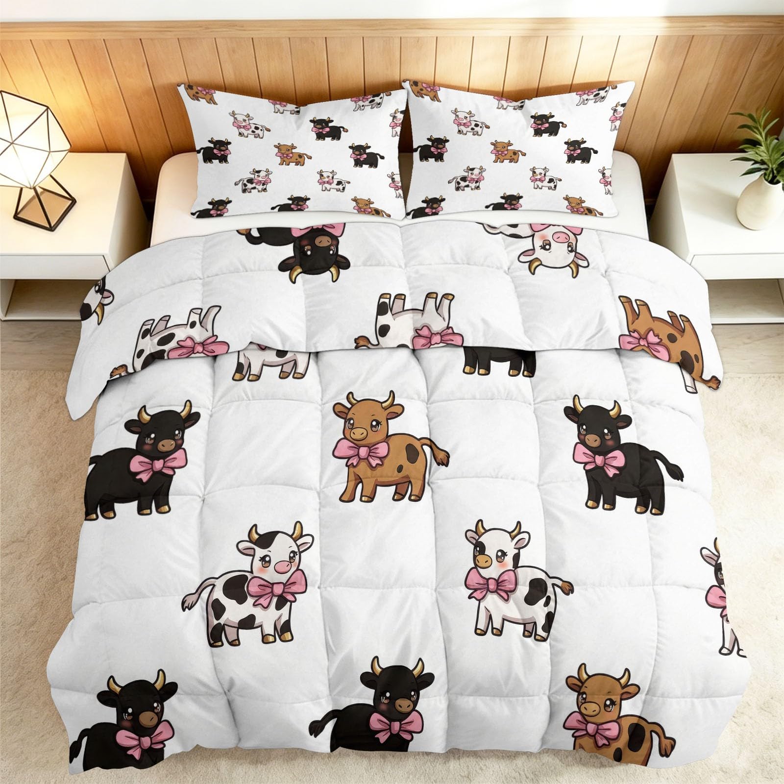 Dwustronna kołdra w stylu wiejskiego domu 140 x 200 cm, kreskówkowa zwierzę krowa miękka oddychająca kołdra, lekka oddychająca biała kołdra - zmywalny zestaw pościeli pikowana koc