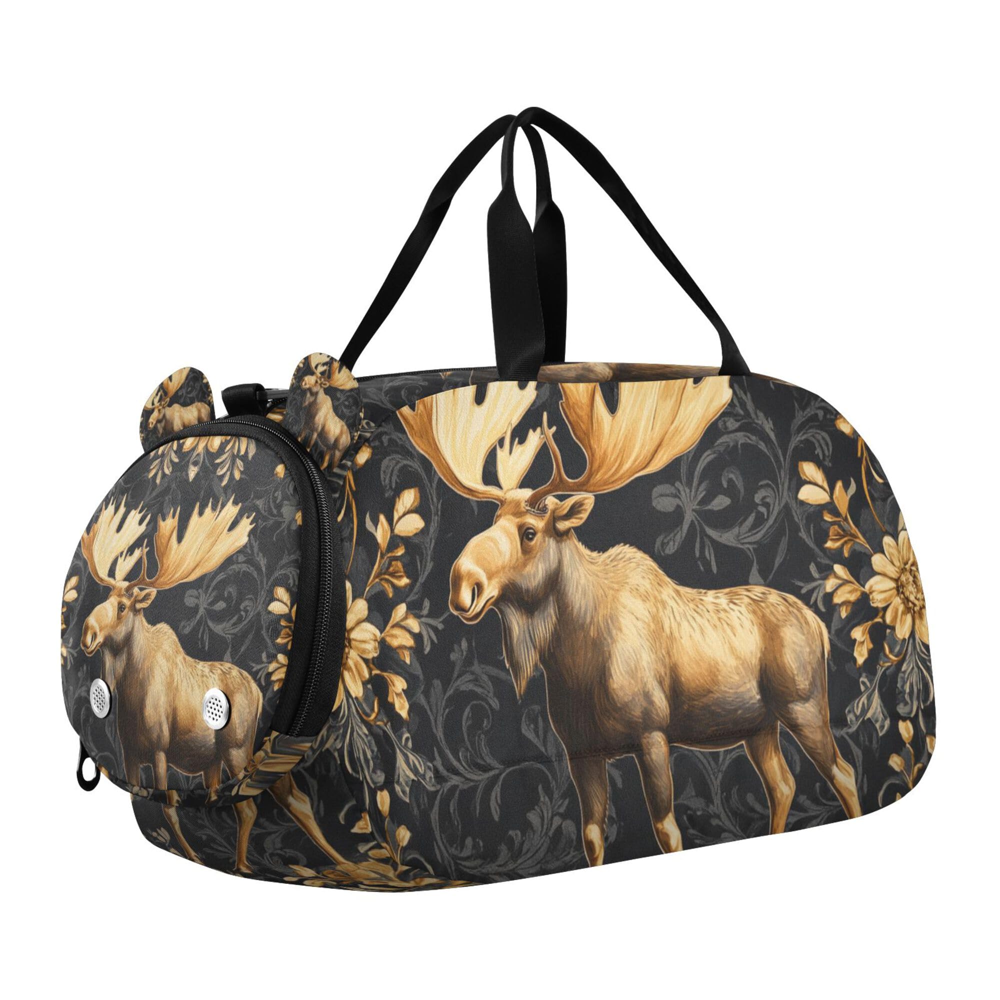 Glaphy Moose Animal and Floral Ethnic Duffle Bag for Toddler Boys Girls, Gym Sports Bag with Shoe Compartments, Kids Travel Overnight Weekender Shoulder Bag