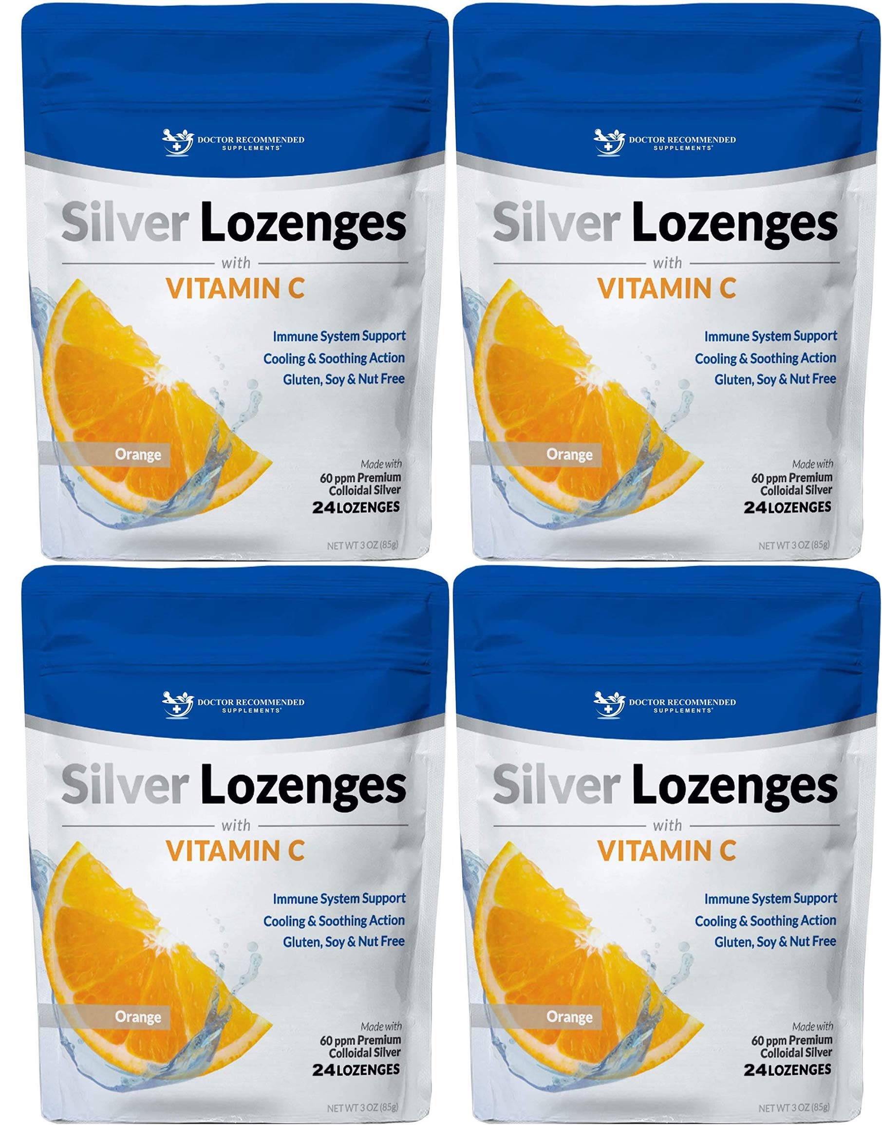 Silver Lozenges with Vitamin C - Premium Nano Silver 60 PPM Colloidal Silver, Organic Honey and Vitamin C Mineral Supplement Drops to Support Immune System, Soothe Cough & Throat - Pack of 4 Orange 24 Count (Pack of 4)