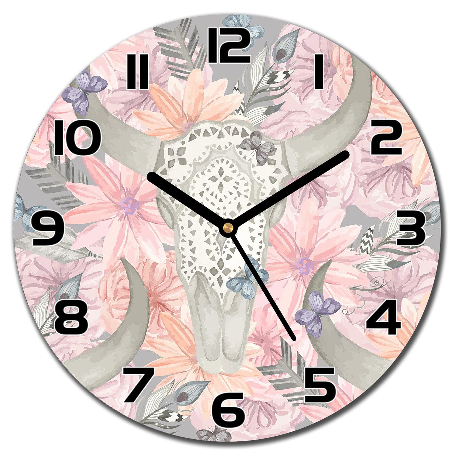 Horloge en verre murale taureau de crâne ethnique 30 cm pour décoration cuisine et salon