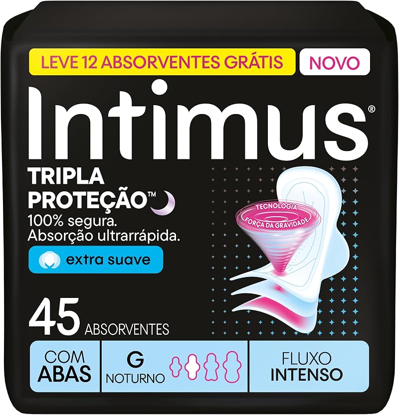 Absorvente Intimus Tripla Proteção Noite Suave Com Abas, Fluxo intenso, 45 unid
