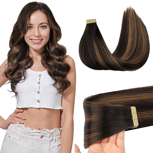 GOO GOO Extensiones de cabello humano con cinta, 2302, balayage, color castaño caro, 24 pulgadas, 1.76 onzas, 20 unidades, trama cutánea invisible,