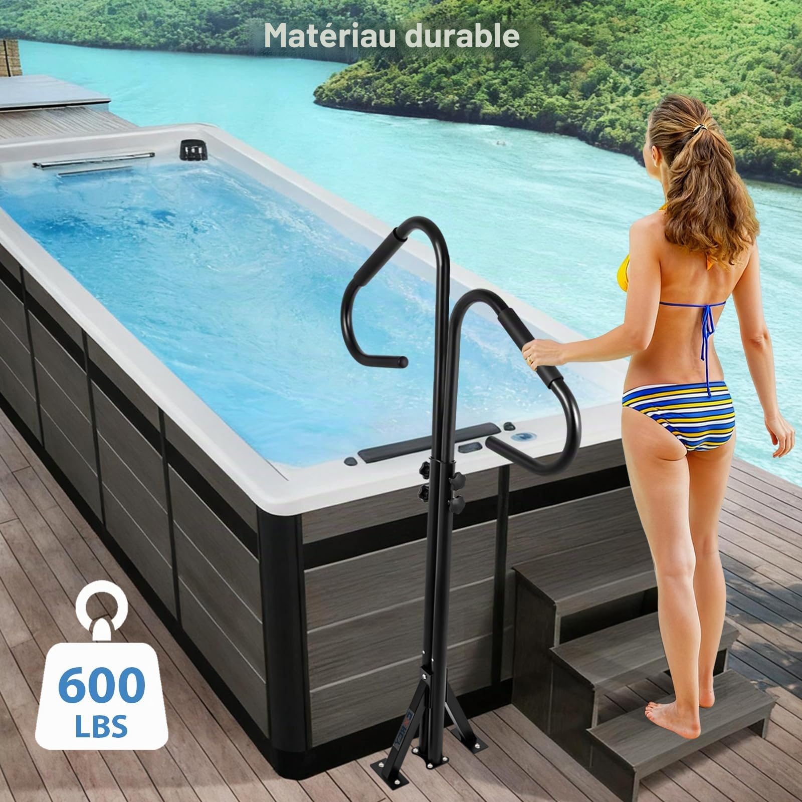 CXRCY Poignées de jacuzzi à deux sens, technologie de prévention de la rouille par revêtement électrophoretique, rotation à 360° & hauteur réglable de 104 cm à 137 cm, poignée latérale pour spa de 600
