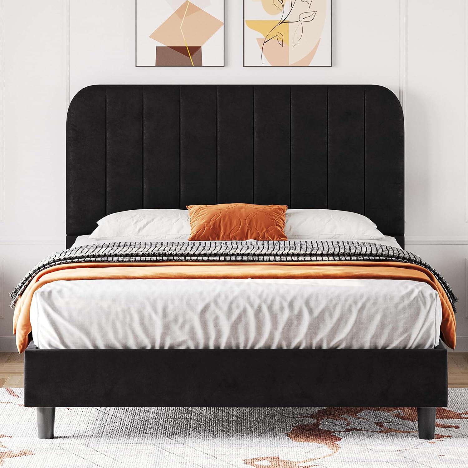 Yaheetech Full Velvet Upholstered Platform Bed Frame, Mattress Foundation with Channel Tufted Headboard and Wood Slat Support, No Box Spring Needed, Easy Assembly, Black