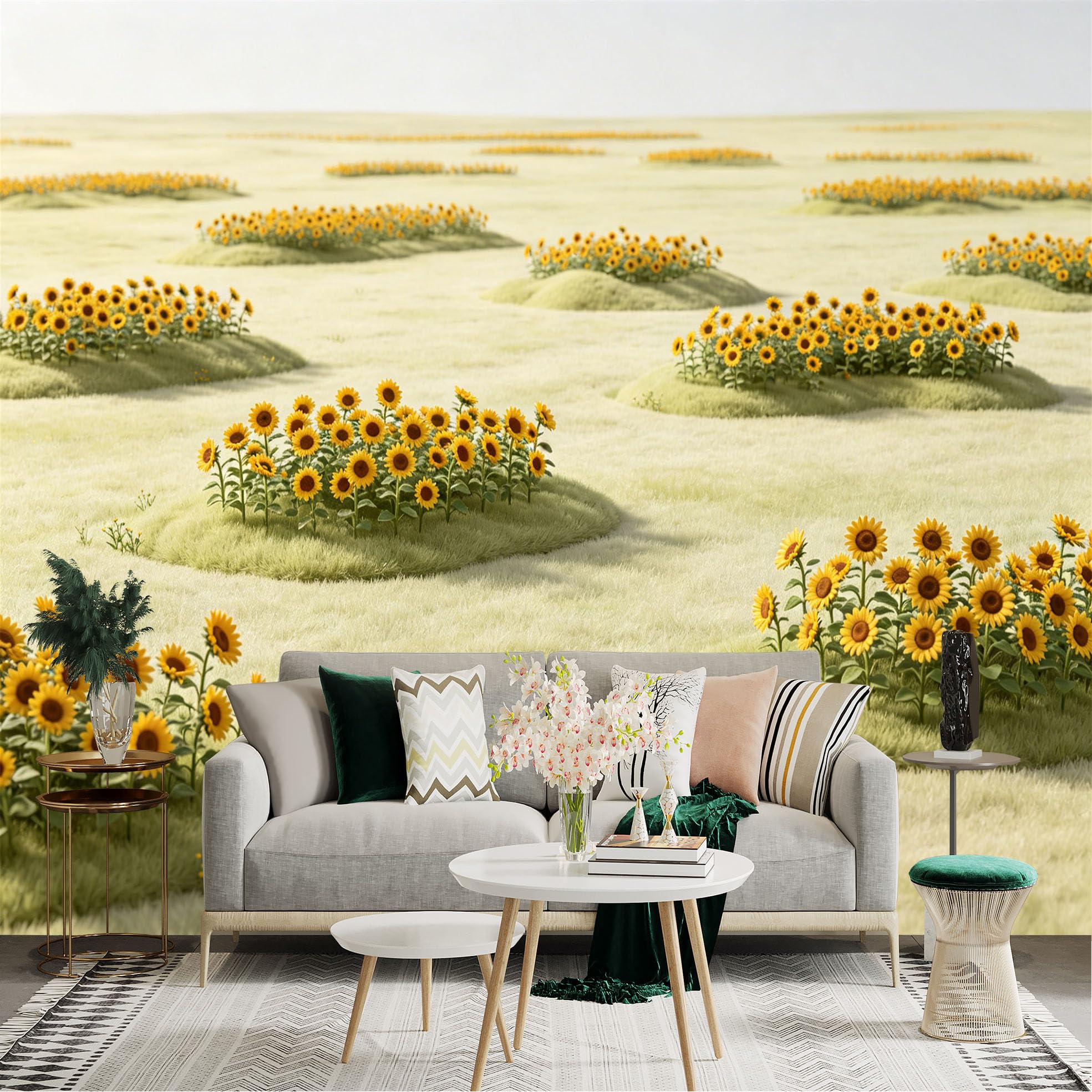 Lnzczhyre Dbh260521816 Custom Size Wall Sticker Mural， Vibrant Sunflowers， Green Grassy Meadow， Natural Floral Field， Sunny Garden Landscape， For Wall Decoration， Peelandstick Wall Decals.
