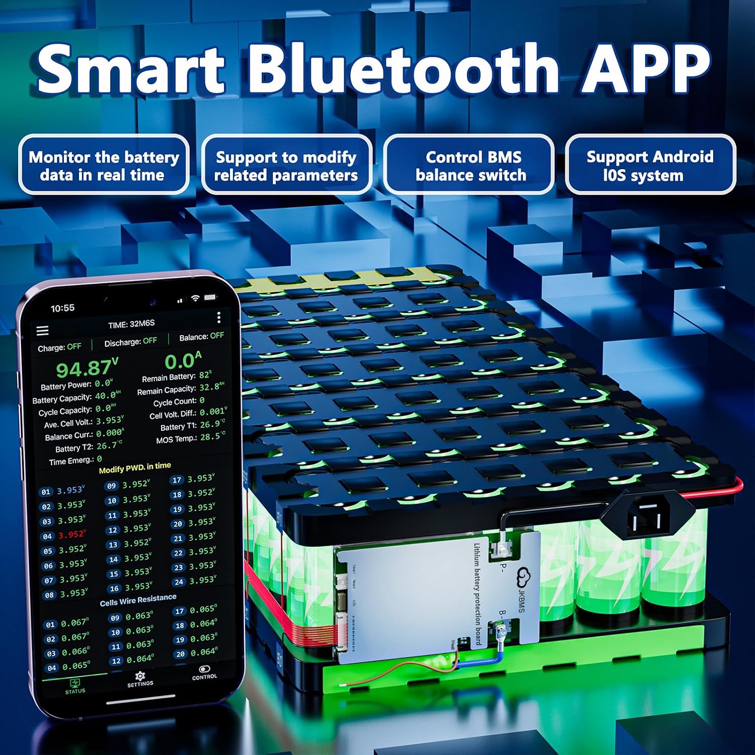 JKBMS JK-B1A8S10P-HC 4S-8S 100A Smart BMS with 1A Active Balance