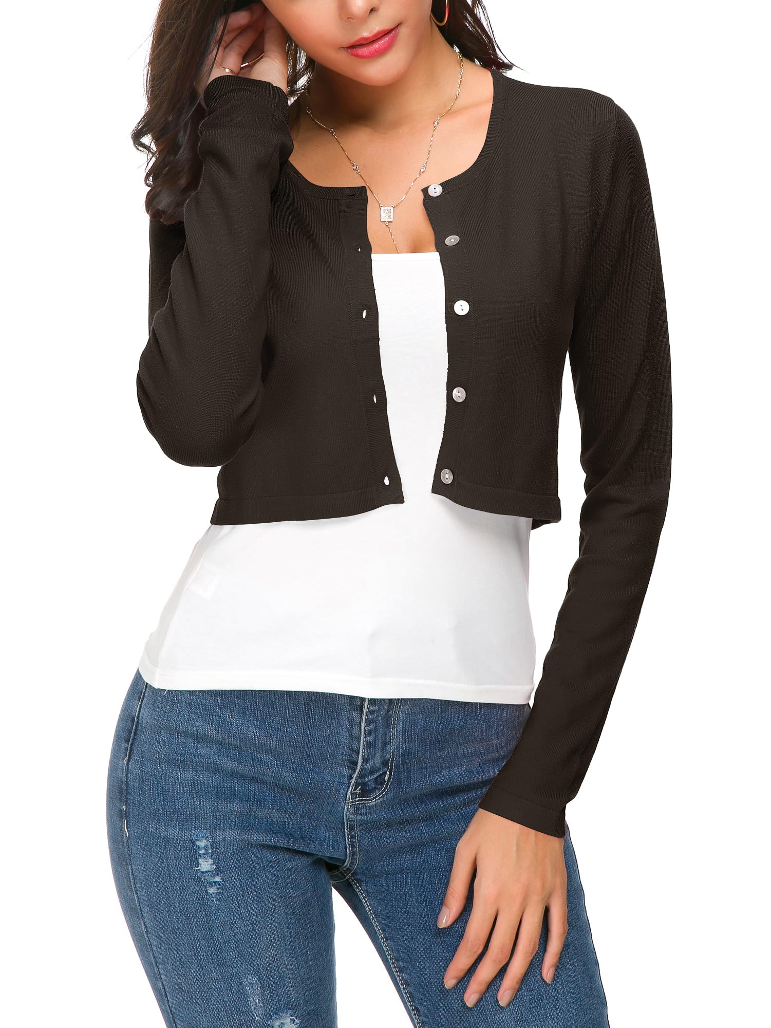 EXCHIC Damen Elegant Langarm Bolero Strickjacke mit Knöpfe Rundhals Festlich Gestrickte Shrug Kurz Cardigan für Kleider