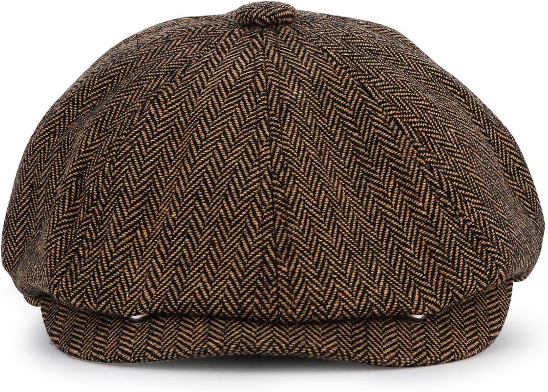 KeepSa Newsboy Style Plate Cap Peaked Cap Men Women - 8 Panel Peaky Herringbone Tweed Retro Flat Cap Bat Cap Gatsby Cap - 56 cm, Coffee