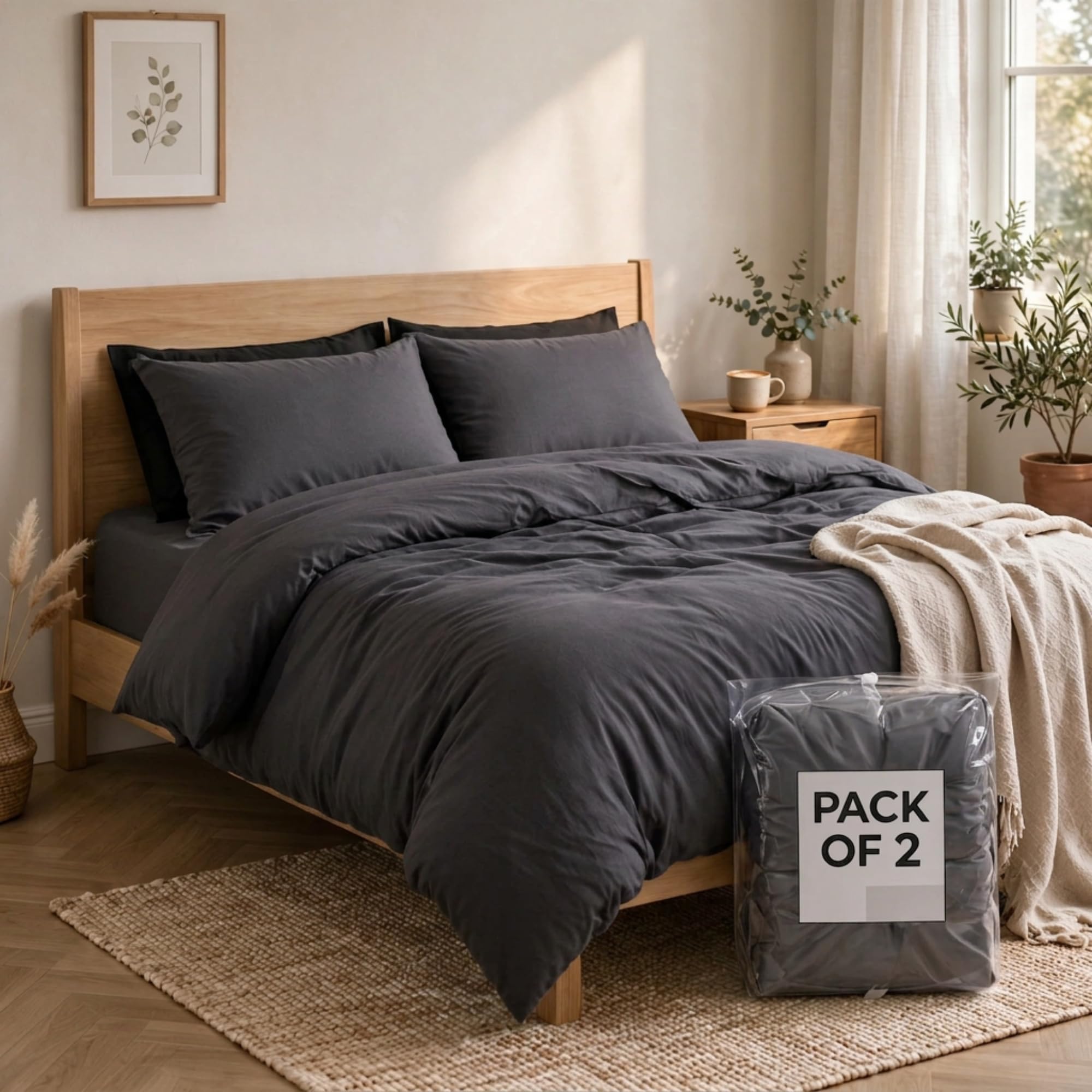 AQS INTERNATIONAL - 2x Plain King Duvet Cover Set - Ultra Soft Brushed Microfiber Charcoal Bedding Set with Pillow Cases - Breathable Durable Easy Care Comfortable Luxury Bedroom Bedding for Home