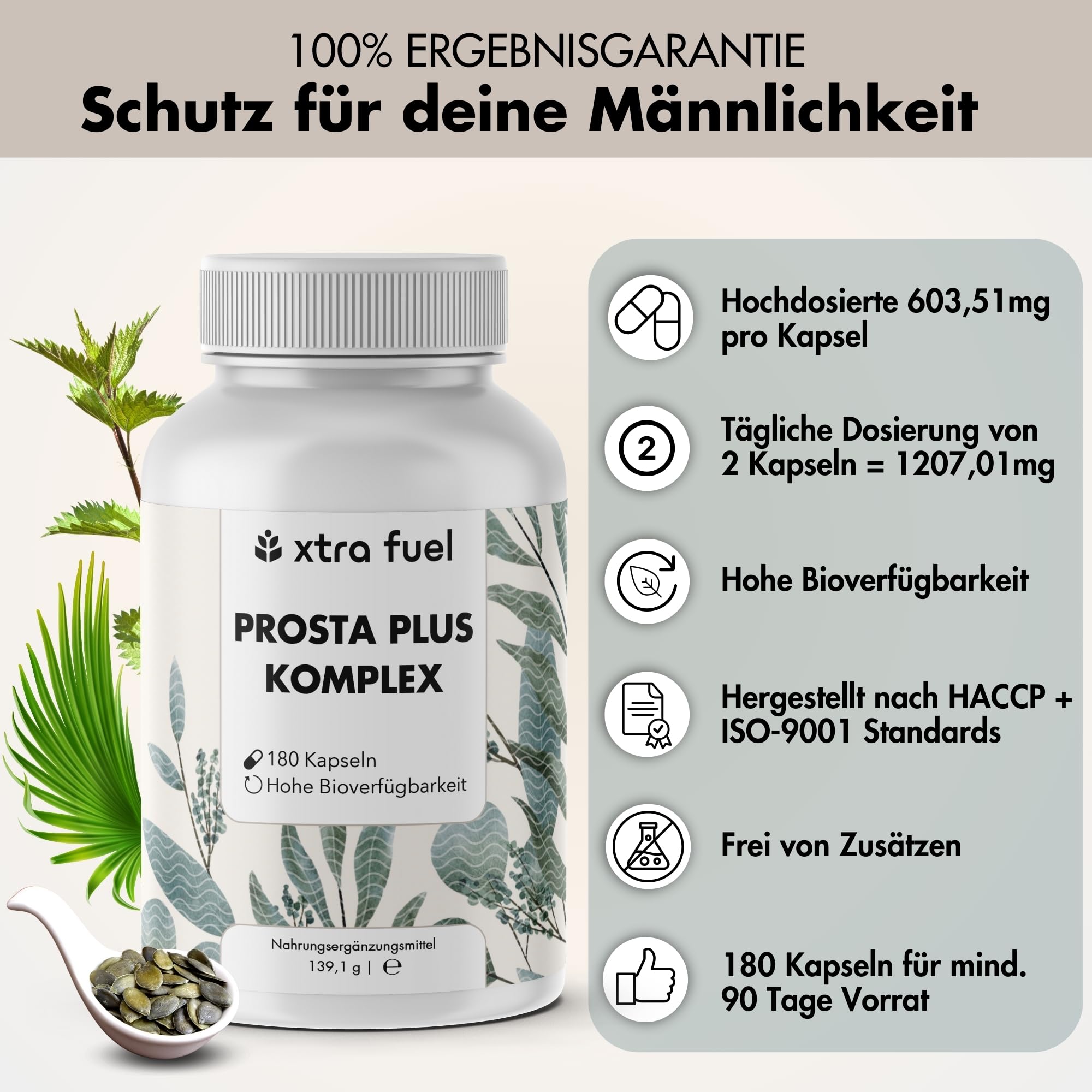 Prosta Plus Komplex - 180 Prostata Kapseln hochdosiert - einzigartige Formel aus Kürbiskern-, Sägepalmen-, Brennnesselwurzelextrakt mit Zink, Vitamin E & Selen - geprüfte Prostata Komplex Kapseln