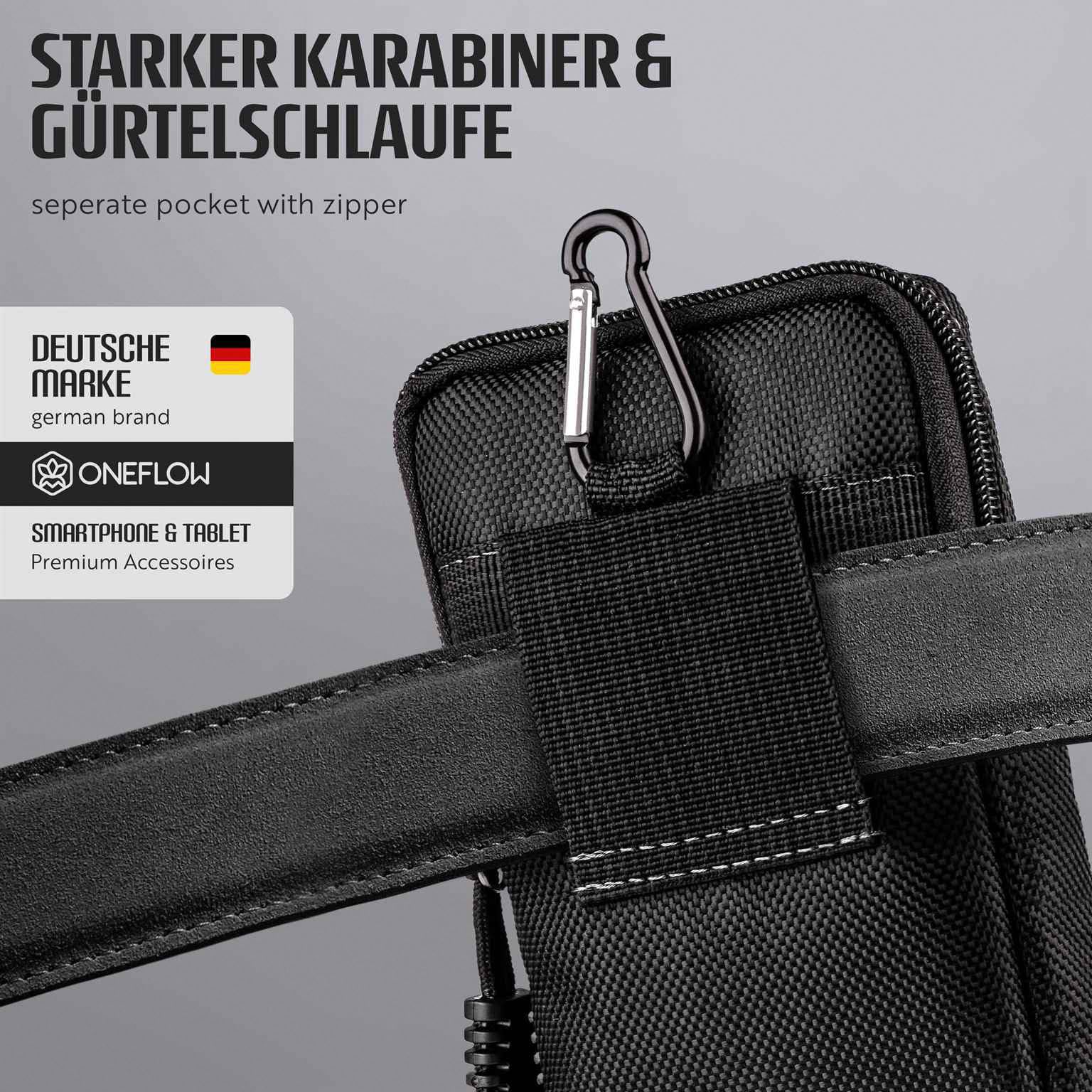 ONEFLOW Survival Case für iPhone 17 Pro Max Handy Gürteltasche aus Nylon mit Karabiner, Taktische EDC Tasche mit Gürtel Halterung, Etui Handyhülle Outdoor Handytasche, Schwarz