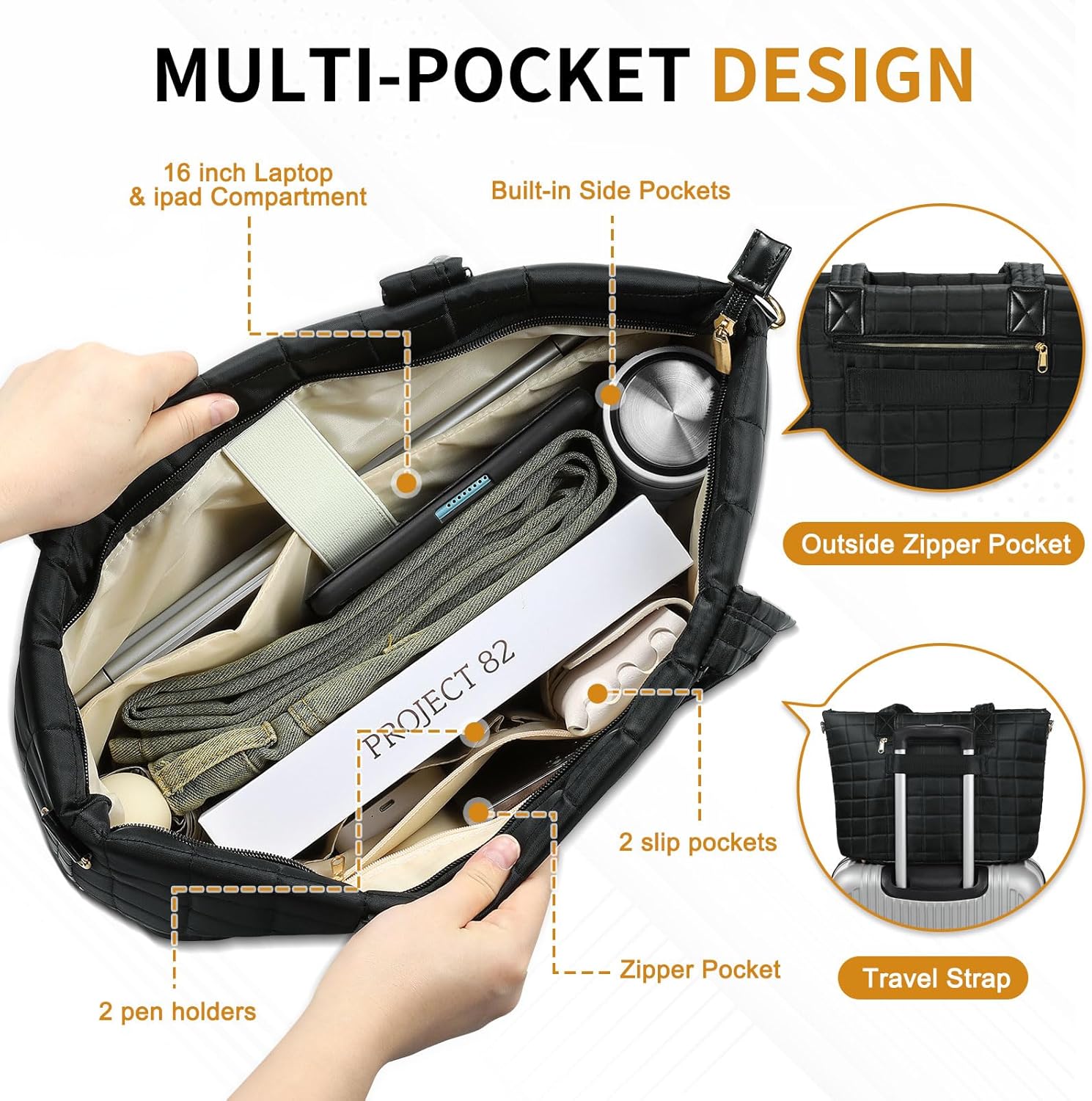 Large Travel Tote Bag for Women, Quilted Puffy Tote Bag with Detachable Shoulder Strap, Laptop Work Bag W/Handbag - Image 4