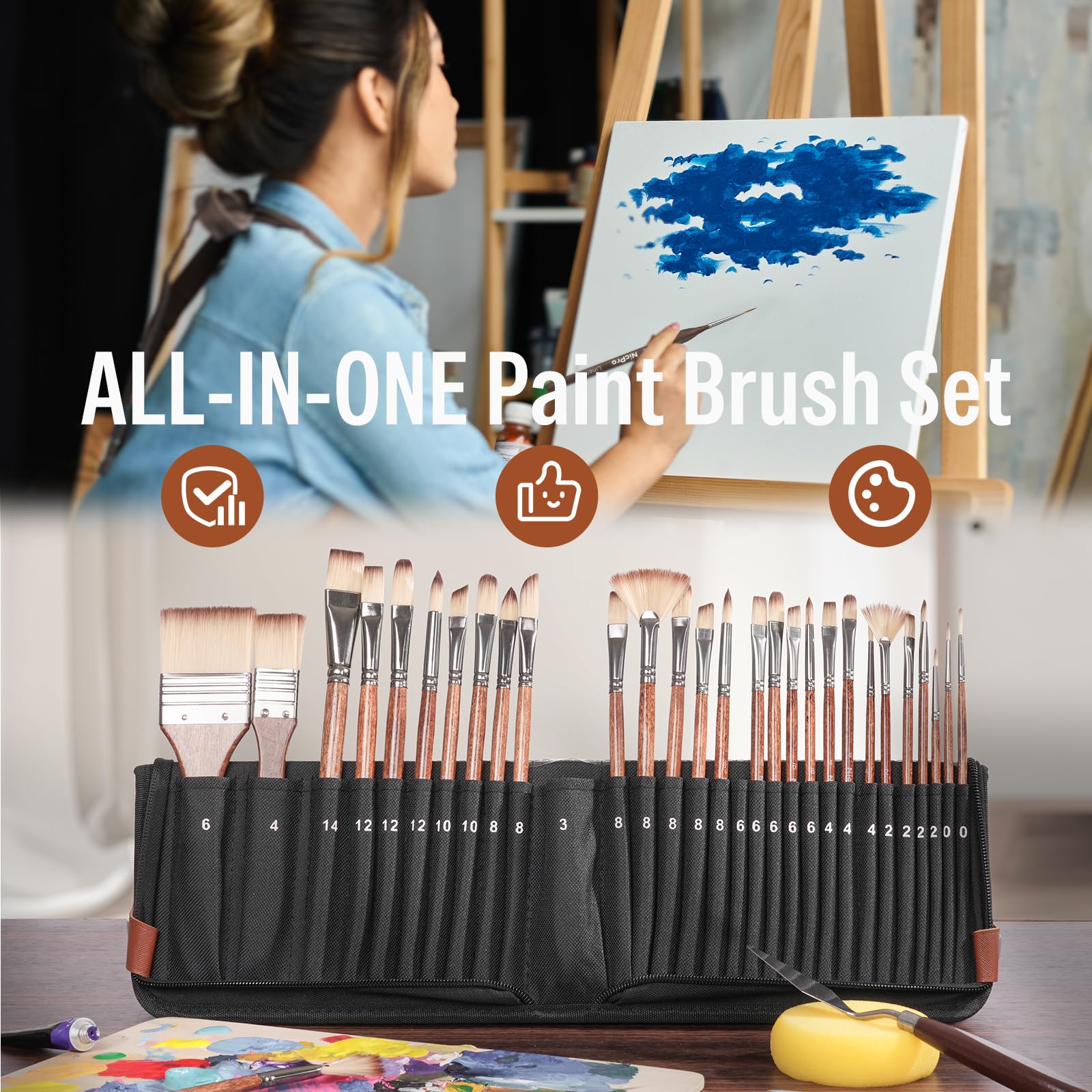 Nicpro Set di 30 pennelli professionali per pittura acrilica e ad olio | Setole sintetiche che non perdono, funzionano per acrilico, olio, acquerello, guazzo, include custodia autoportante e spatola