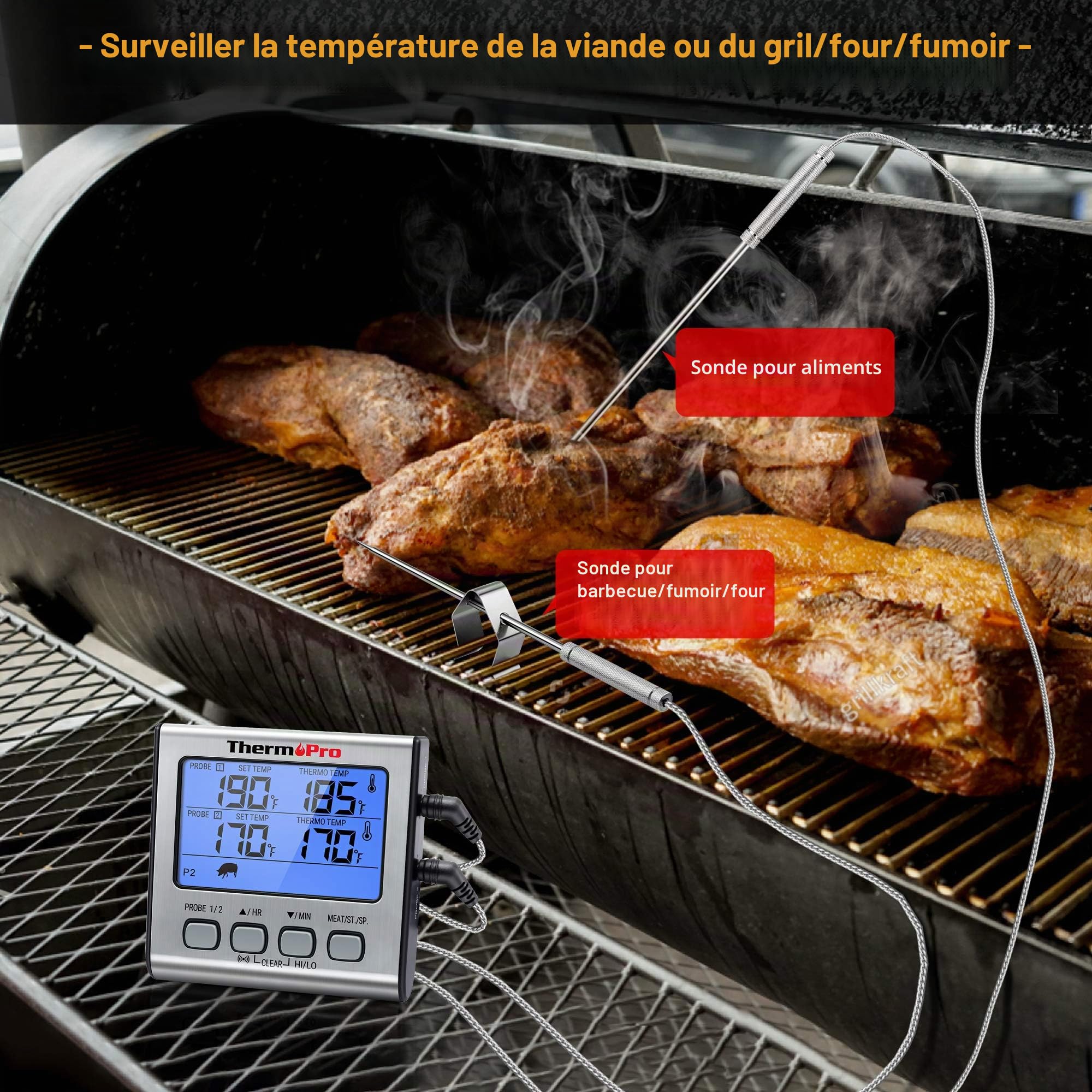ThermoPro TP17 Thermomètre pour Viande Numérique Double Sonde Grand Écran LCD Rétroéclairé Cuisson Barbecue