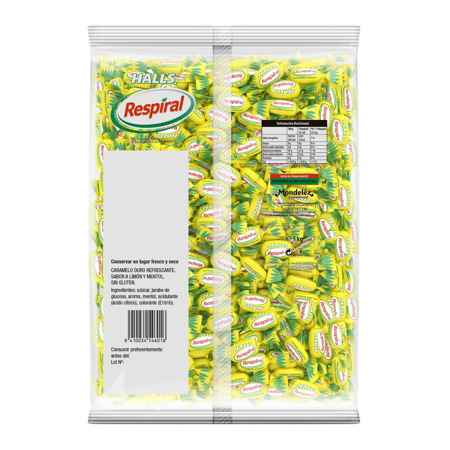 Halls Respiral Caramelos Sabor Limón y Mentol, Bolsa de 1 Kg