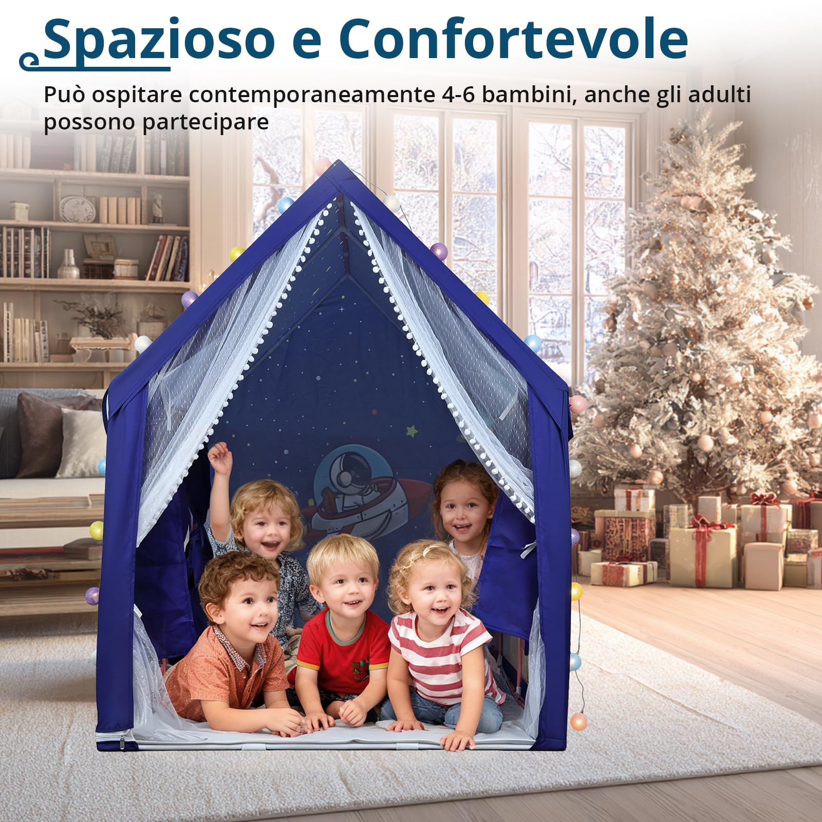 Tenda da Gioco per Bambini a Tema Spaziale con Luci LED a Stelle | Capanna di Grandi Dimensioni 160×105×128cm per Interno ed Esterno con 2 Porte e Tappetino Antiscivolo, Montaggio in 15 Minuti