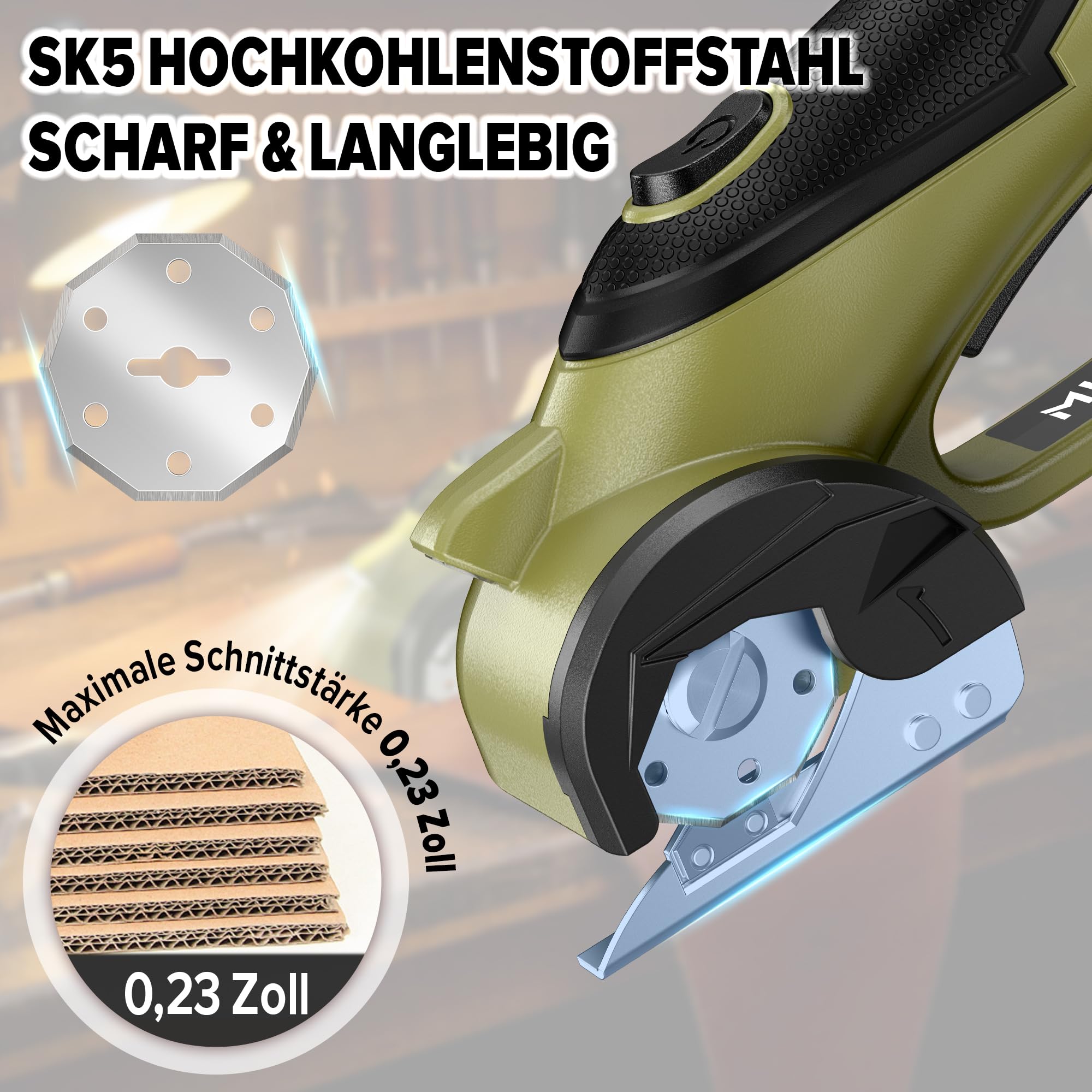 MICWELL Kartonschneider Elektrische Schere mit 4 Selbstschärfende Klingen - 4V Kabellose Rollschneide mit Sicherheitsschloss & LED-Licht, für Karton, Stoff, Leder, Kunststoff und Teppich