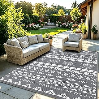 MOKANI Outdoor Teppich Wetterfest 120x180cm, Kunststoff Stroh Wendbarer Balkon Camping Teppich, Terrasse Matte UV-beständige Outdoorteppich Rug Carpet für Garten RV Picknick, Boho-Style, Grau
